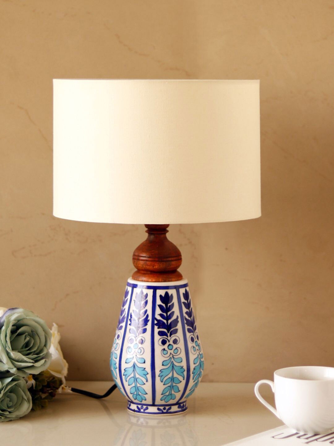 Unravel India Blue & Off White Mughal Art Vessel Decorative Bedside Table Lamp with Shade Price in India