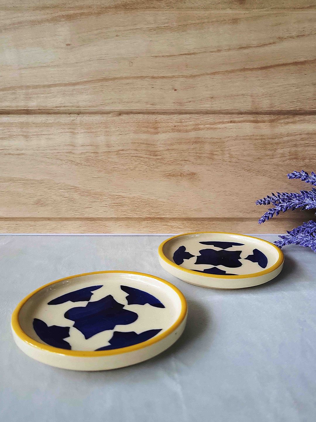Folkstorys Set Of 2 Off White & Navy Blue Printed Ceramic Serving Dip Bowls Price in India