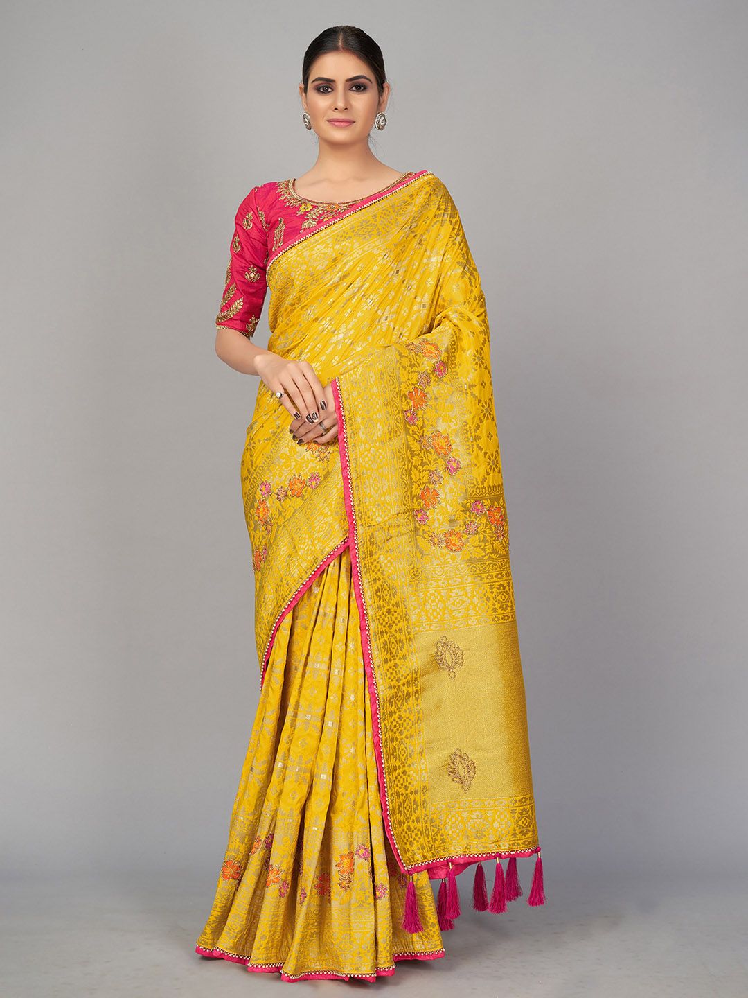 MONJOLIKA FASHION Yellow & Pink Woven Design Zari Silk Blend Banarasi Saree Price in India