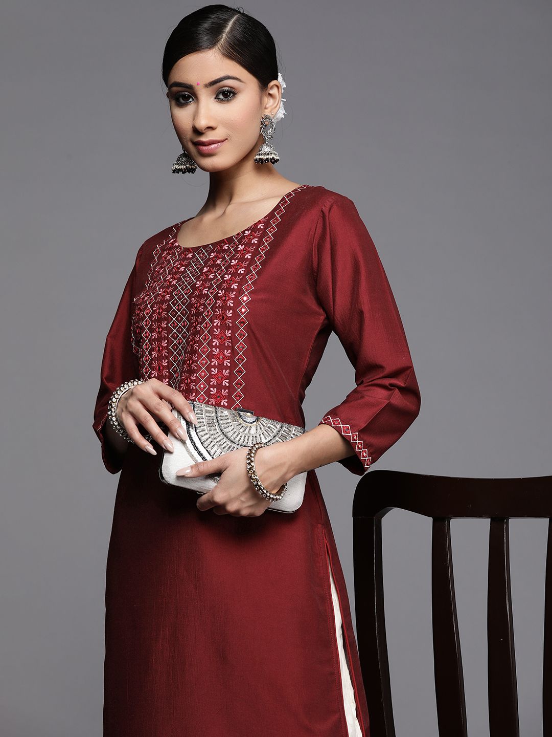 Libas Women Maroon Yoke Design Mirror Work Kurta Price in India