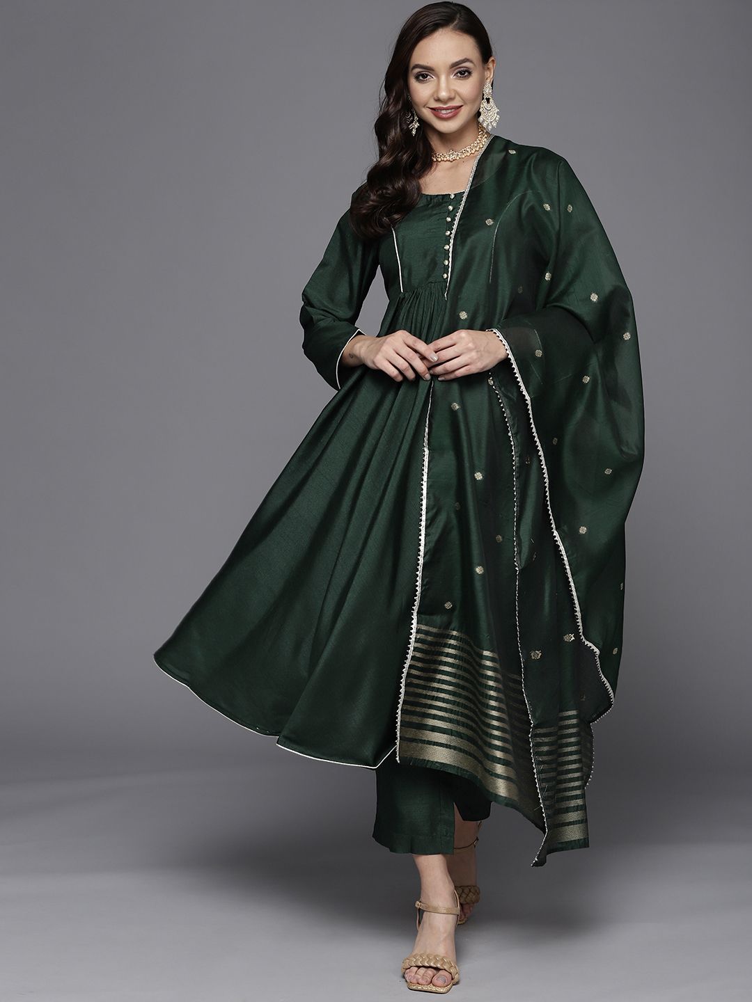 Libas Women Green Kurta with Trousers & With Dupatta Price in India