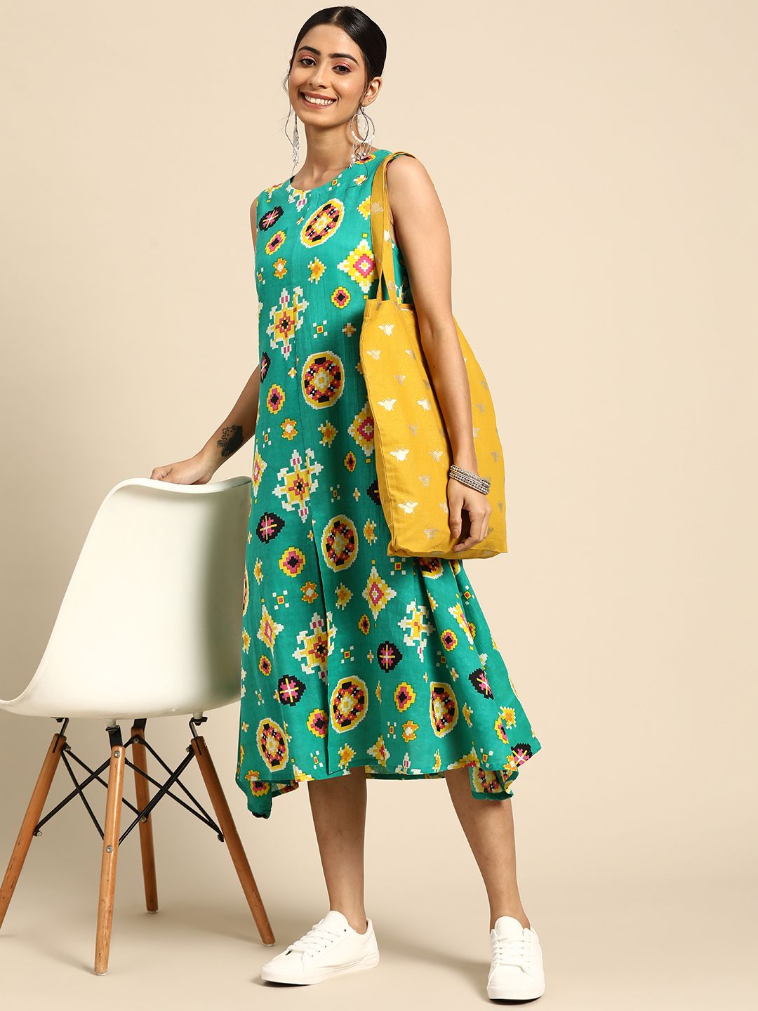 Sangria Women Green & Yellow Printed Pure Cotton A-Line Midi Dress Price in India