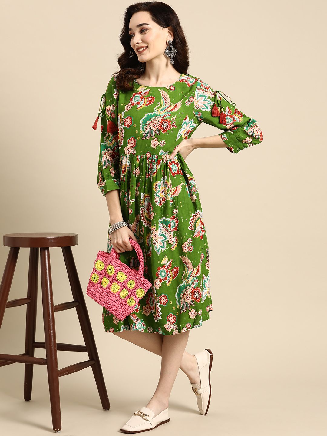 Sangria Women Green & Red Ethnic Motifs Printed A-line Dress Price in India