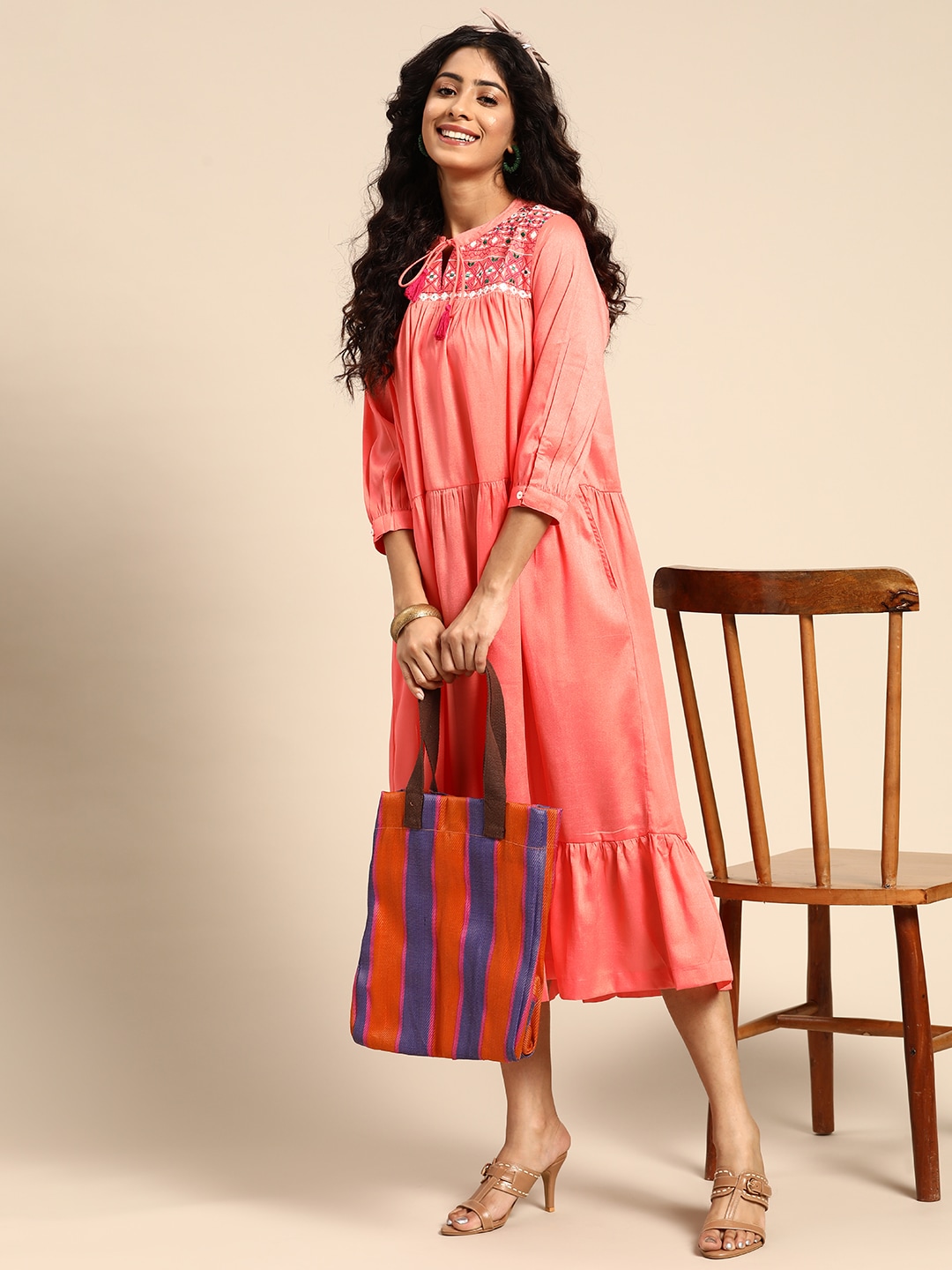 Sangria Peach-Coloured Ethnic Motifs Embroidered A-Line Midi Dress Price in India