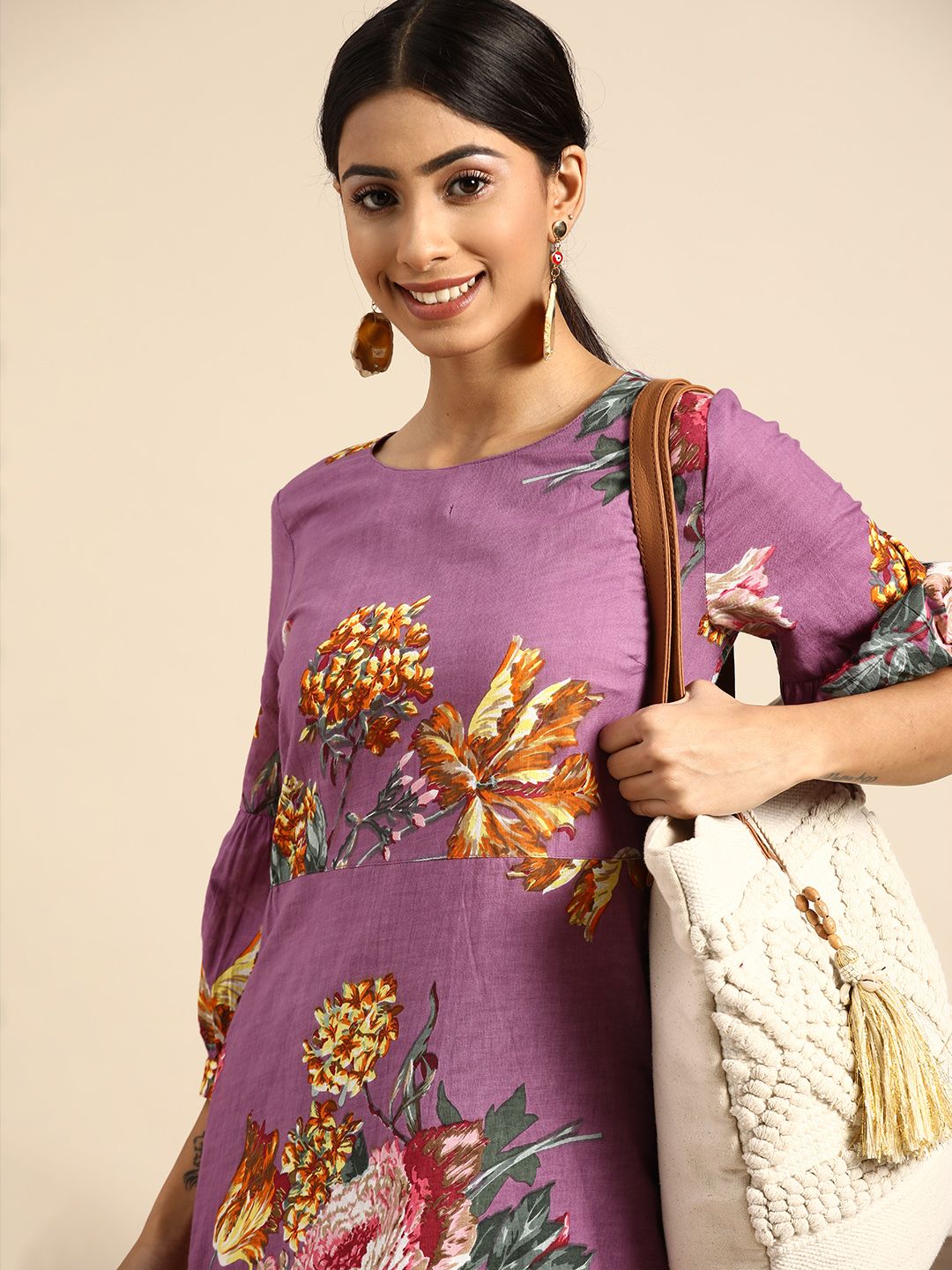 Sangria Magenta & Mustard Yellow Pure Cotton Floral A-Line Midi Dress Price in India