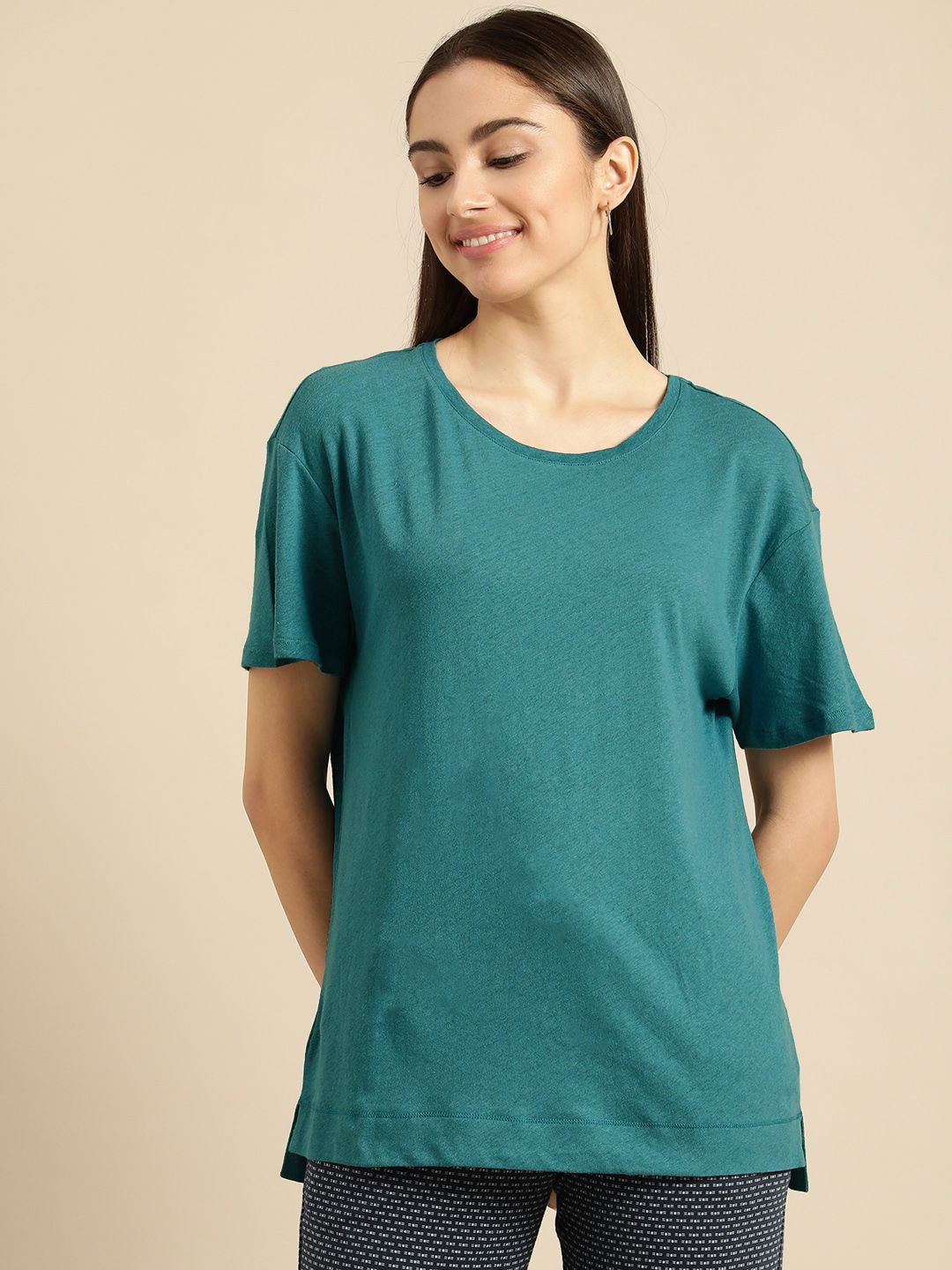 Triumph Women Teal Green Solid Knitted Lounge Tshirts Price in India