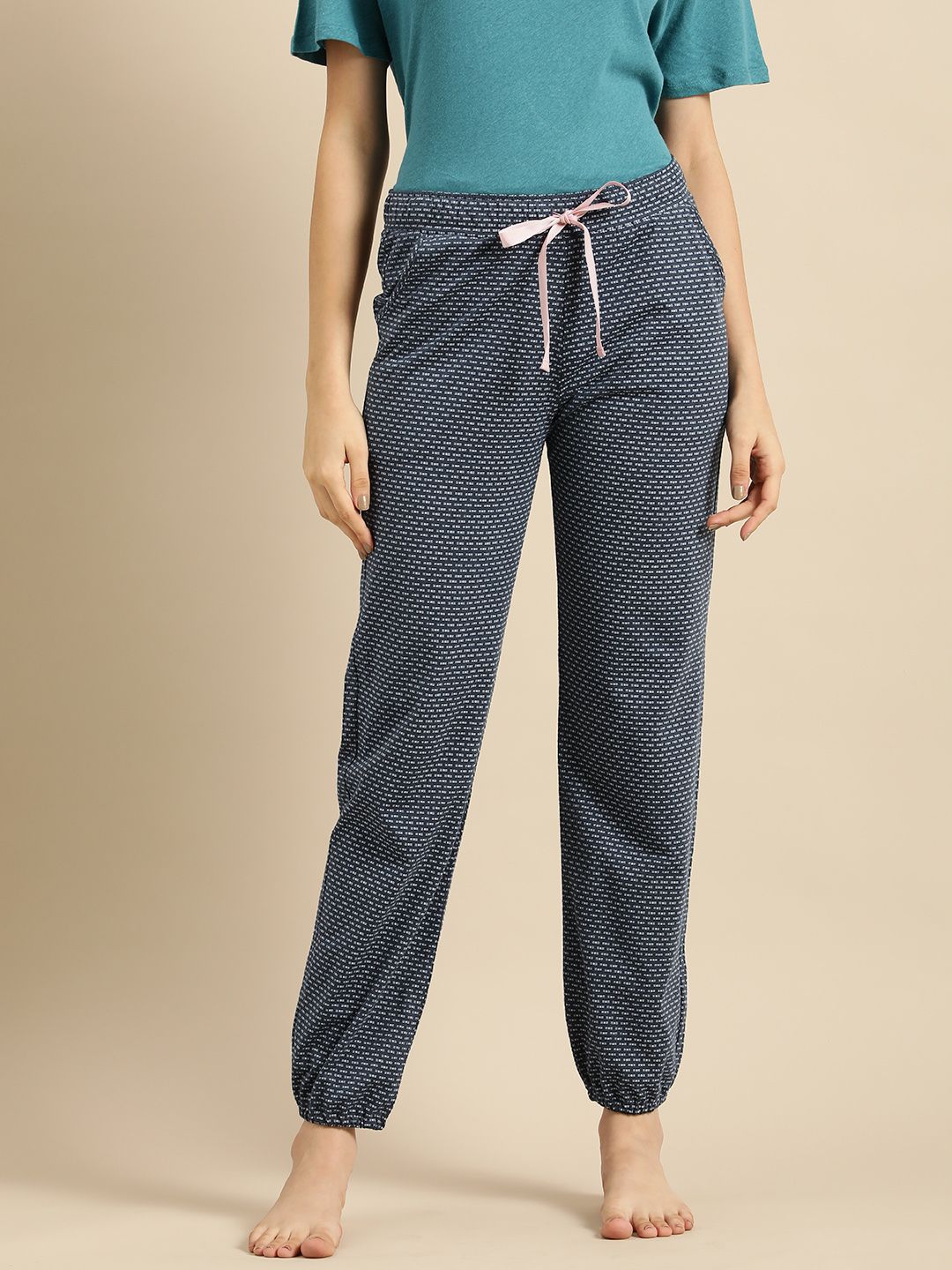 Triumph Women 100% Organic Cotton Linen Navy Blue Printed Lounge Joggers Price in India