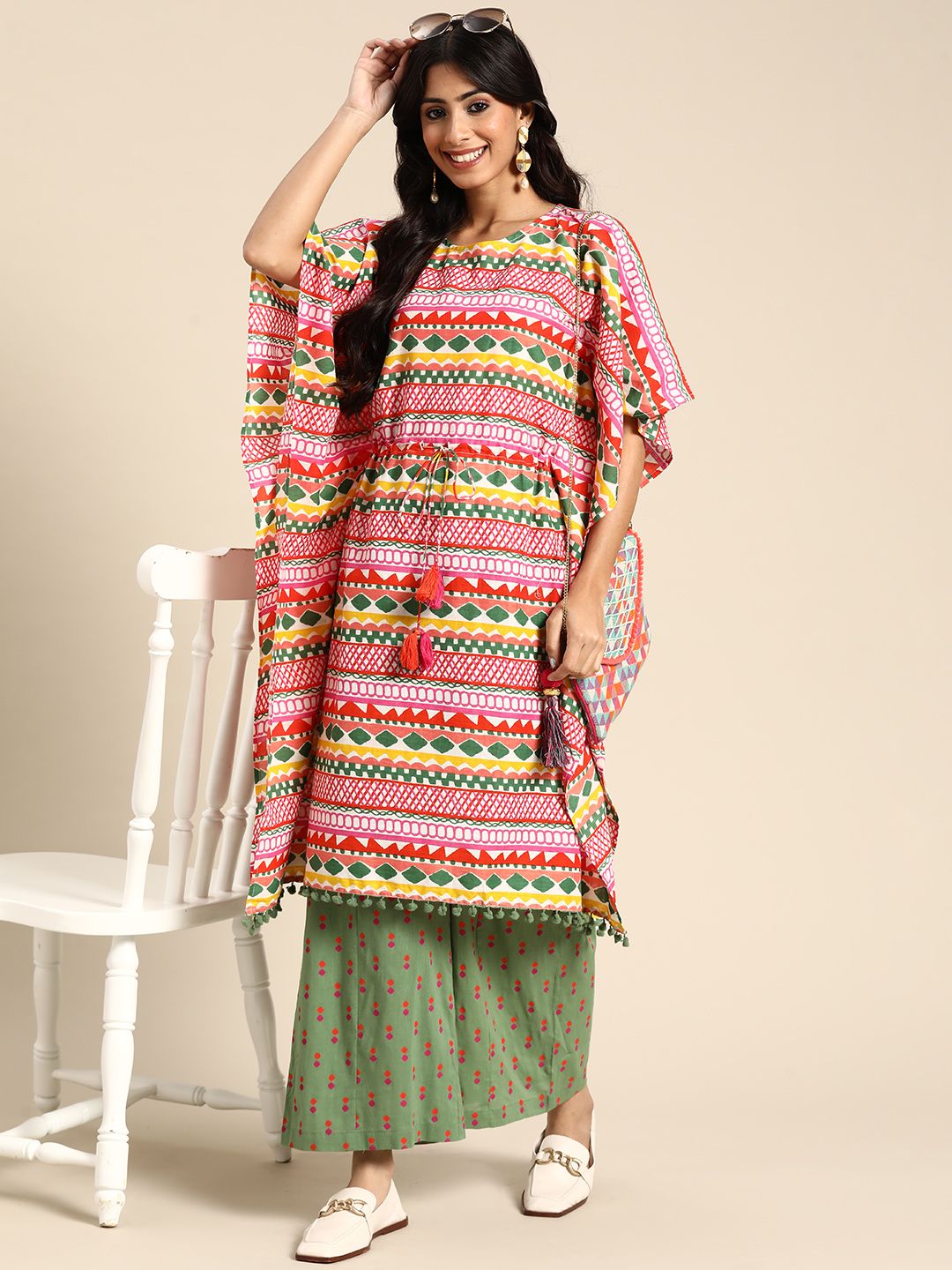 Sangria Women White & Green Ethnic Motifs Printed Pure Cotton Kurta with Palazzos Price in India