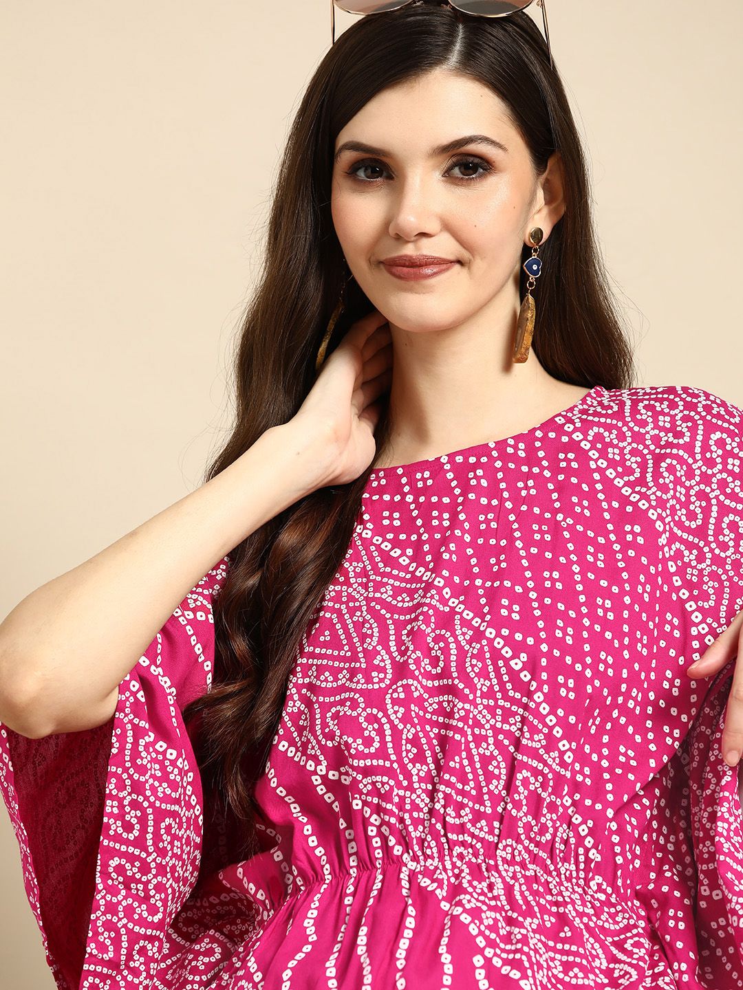 Sangria Pink & White Bandhani Printed Extended Sleeves Pleated Kaftan Kurti Price in India