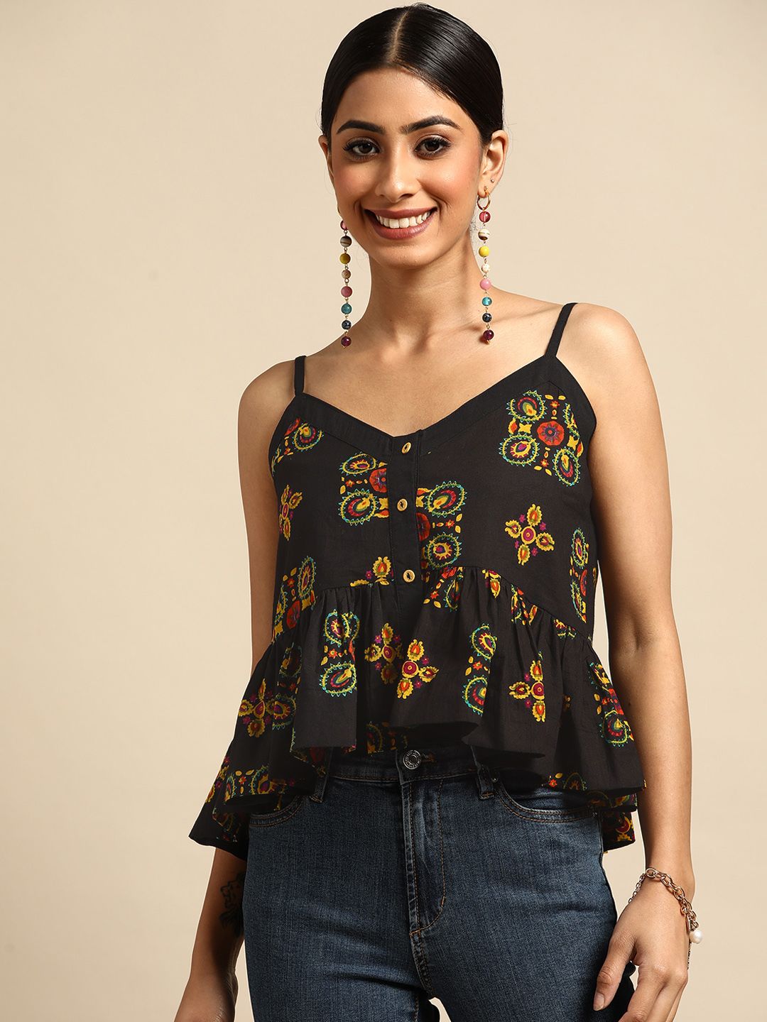 Sangria Black & Yellow Floral Print Pure Cotton Empire Top