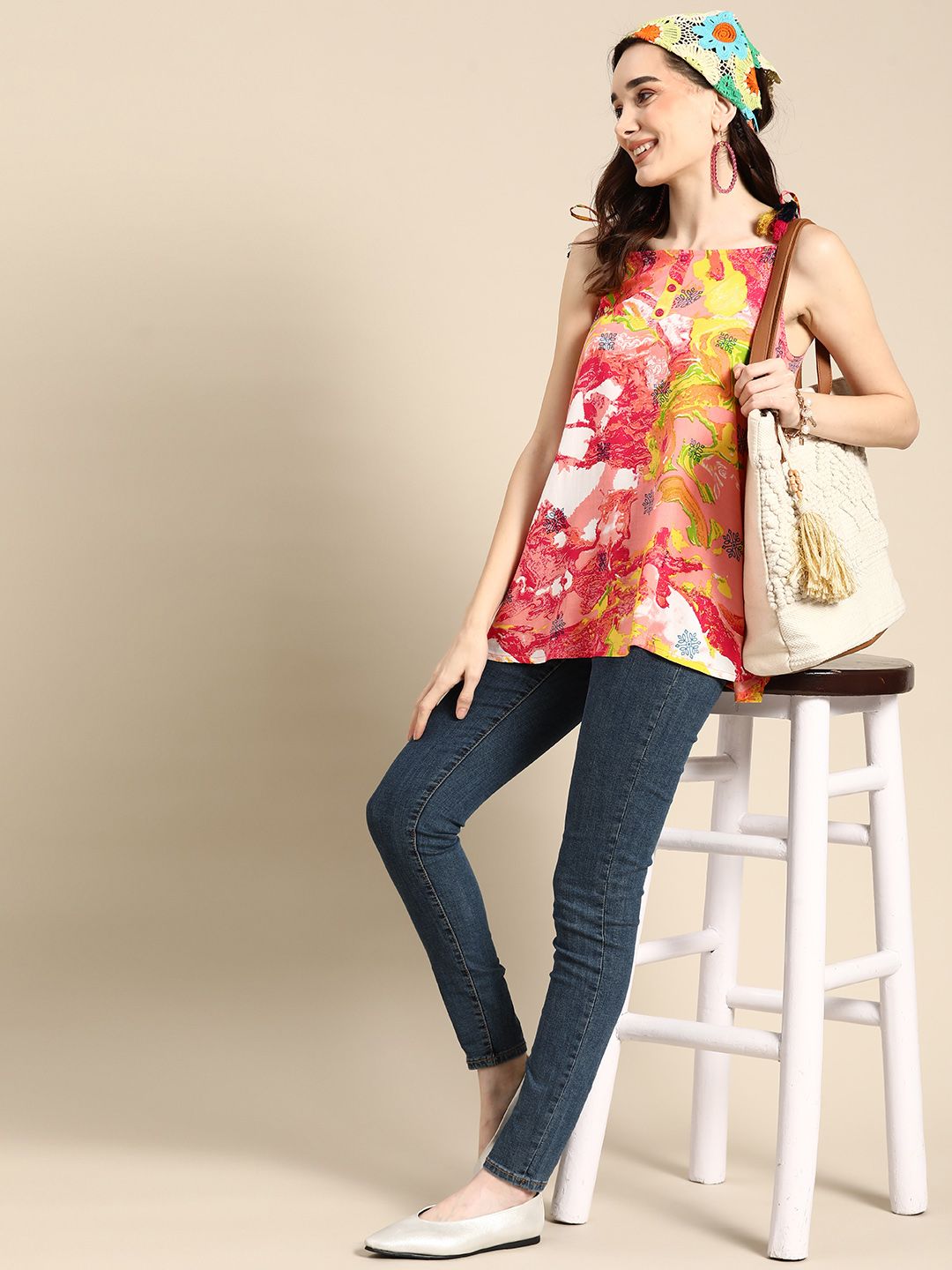 Sangria Peach-Coloured & White Dyed Longline Top Price in India