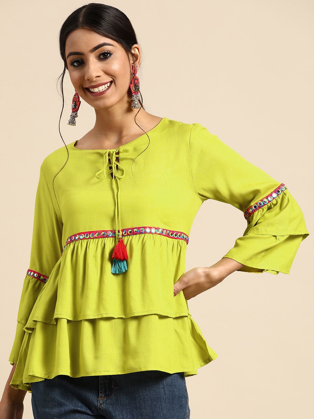 Sangria Lime Green Tie-Up Neck Layered Top Price in India