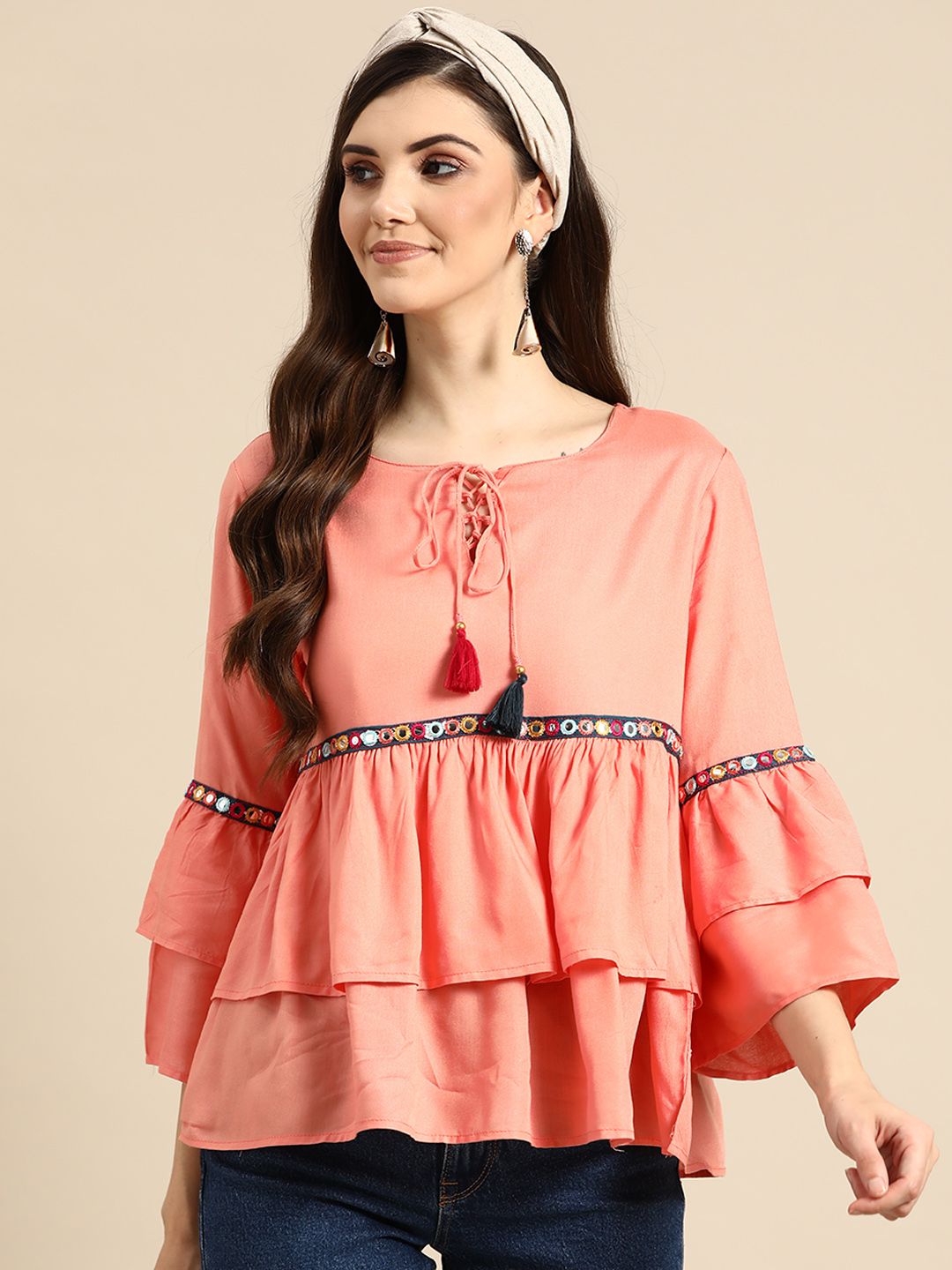 Sangria Peach-Coloured Tie-Up Neck Layered Top Price in India