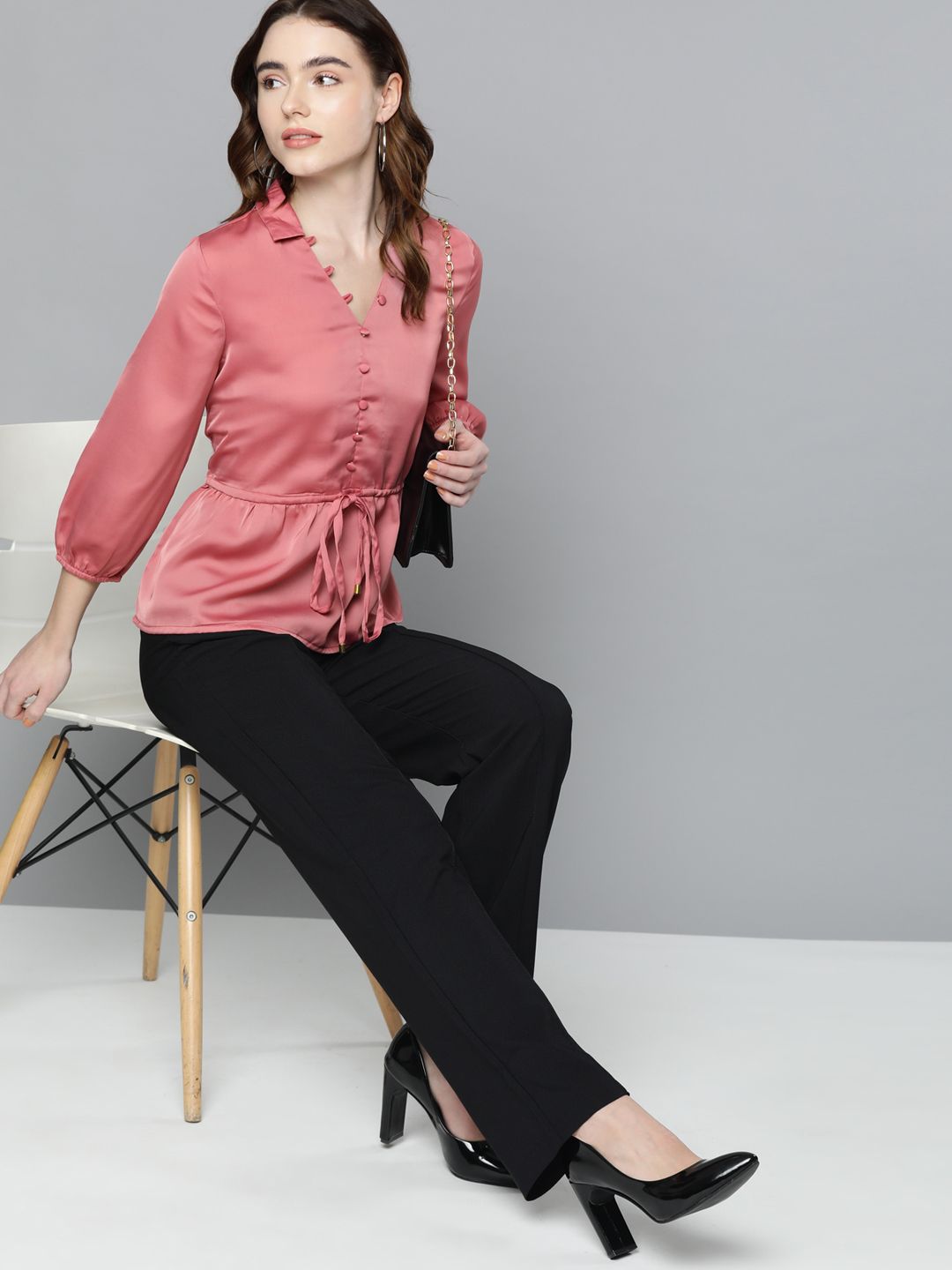 Chemistry Pink Shirt Collar Cinched Waist Top Price in India