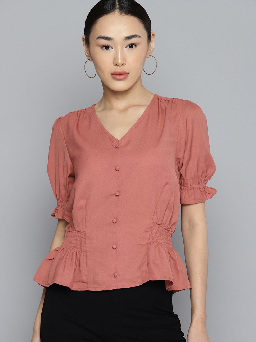 Chemistry Smocked Detailed Puff-Sleeves Top Price in India