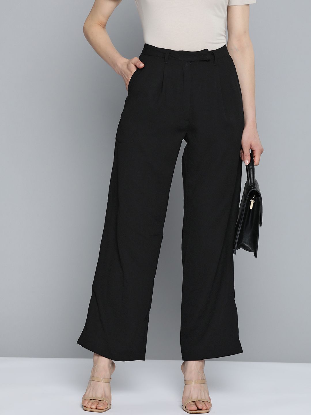 Chemistry Women Black Solid High-Rise Parallel Trousers Price in India