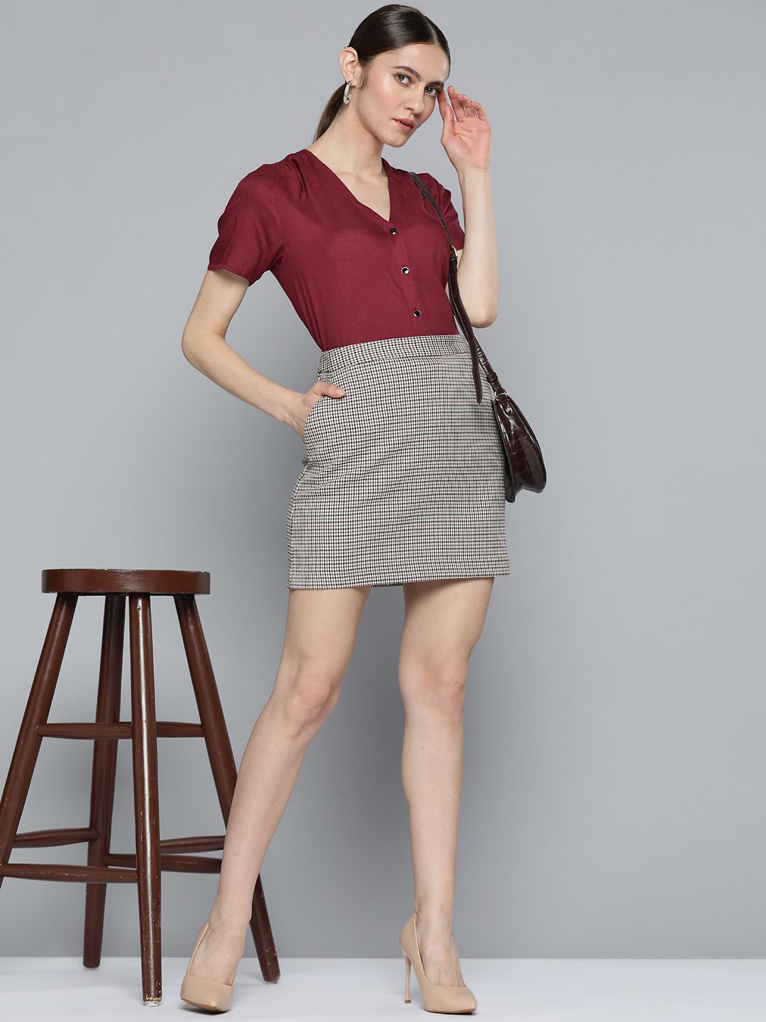 Chemistry Women Burgundy Solid Shirt Style Top Price in India