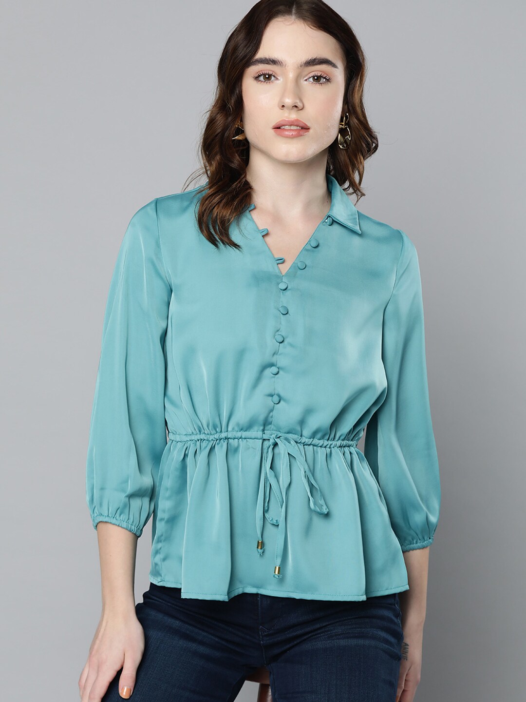 Chemistry Blue Shirt Collar Cinched Waist Top Price in India