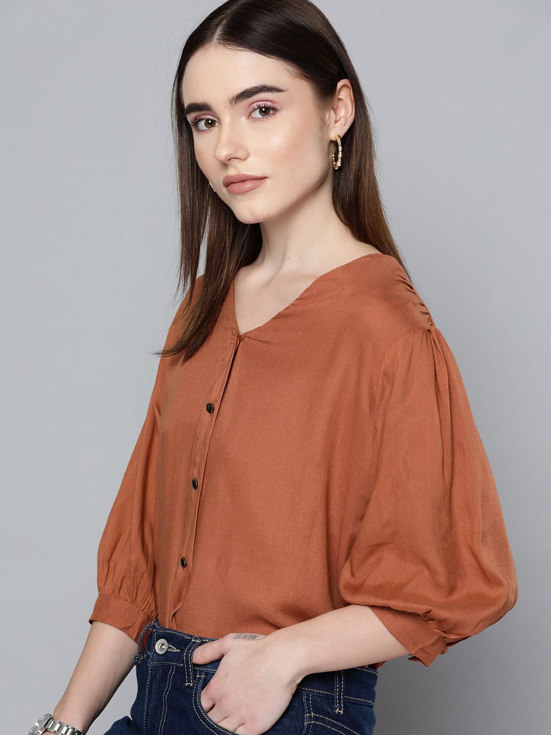 Chemistry Brown Solid V-Neck Front Open Top Price in India