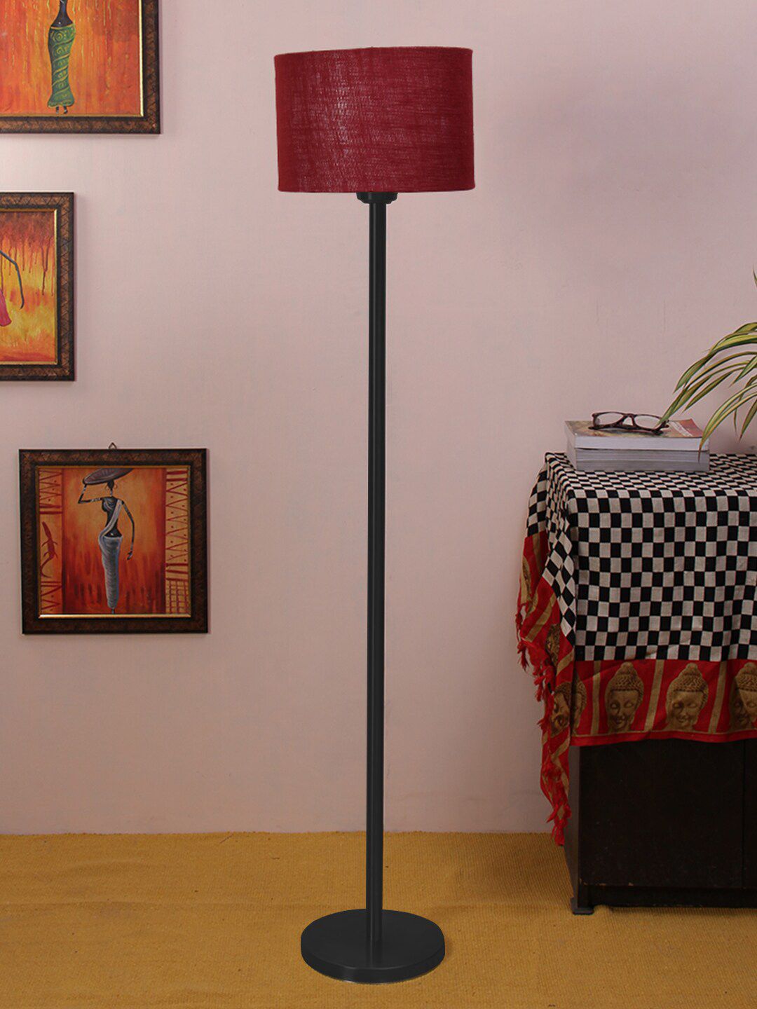 Devansh Maroon Traditional Floor Lamp With Jute Cylindrical Shade Price in India