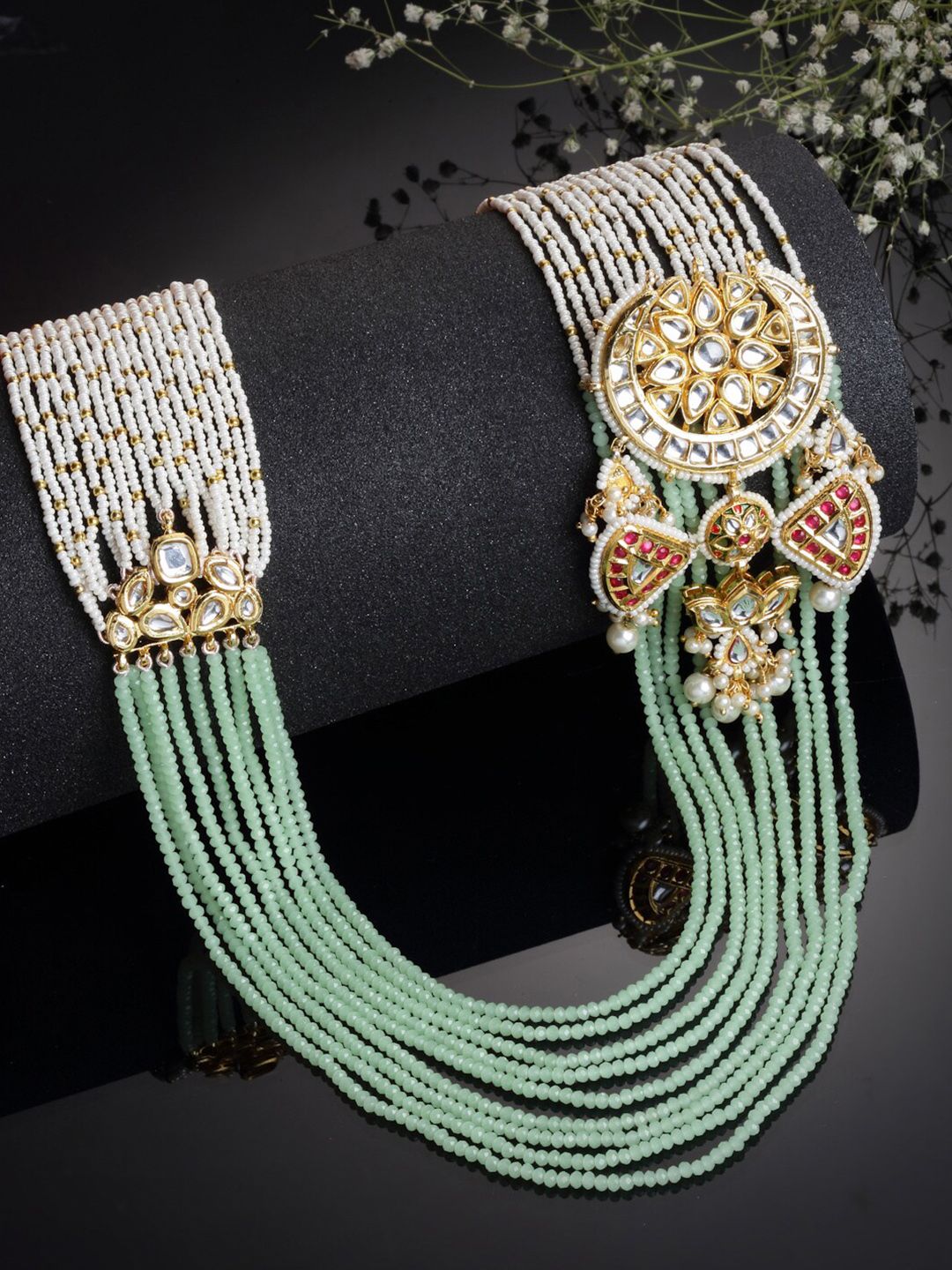 DUGRISTYLE Green & White Sterling Silver Gold-Plated Handcrafted Necklace Price in India