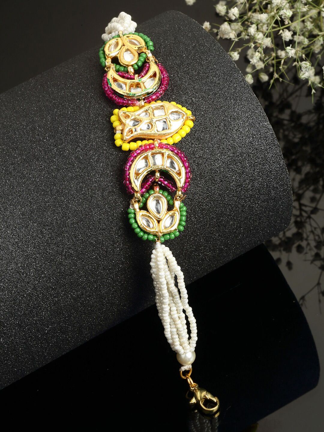 DUGRISTYLE Women Gold-Toned & Yellow Sterling Silver Kundan Handcrafted Gold-Plated Multistrand Bracelet Price in India
