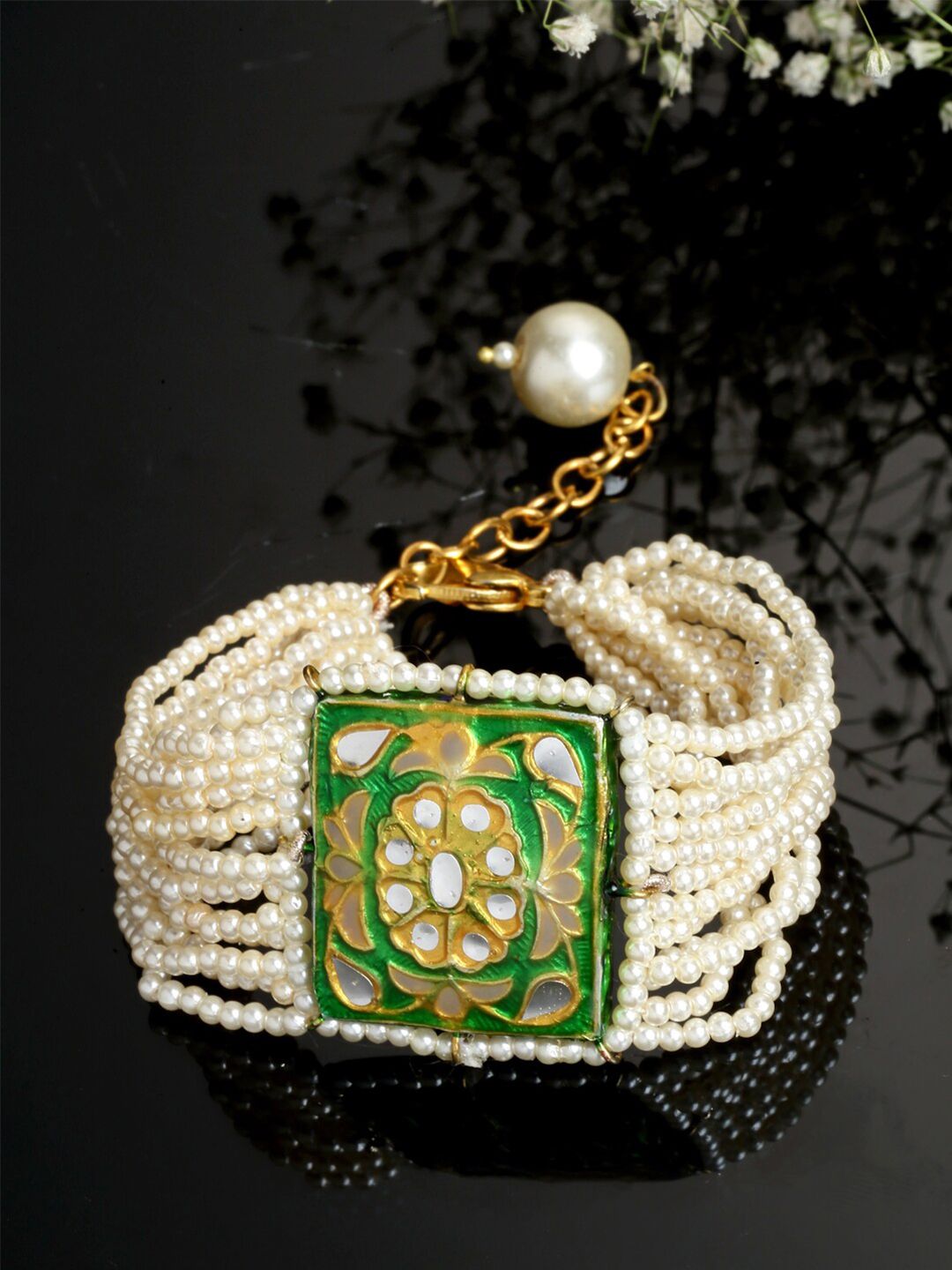 DUGRISTYLE Women Gold-Toned & Green Sterling Silver Pearls Handcrafted Gold-Plated Multistrand Bracelet Price in India