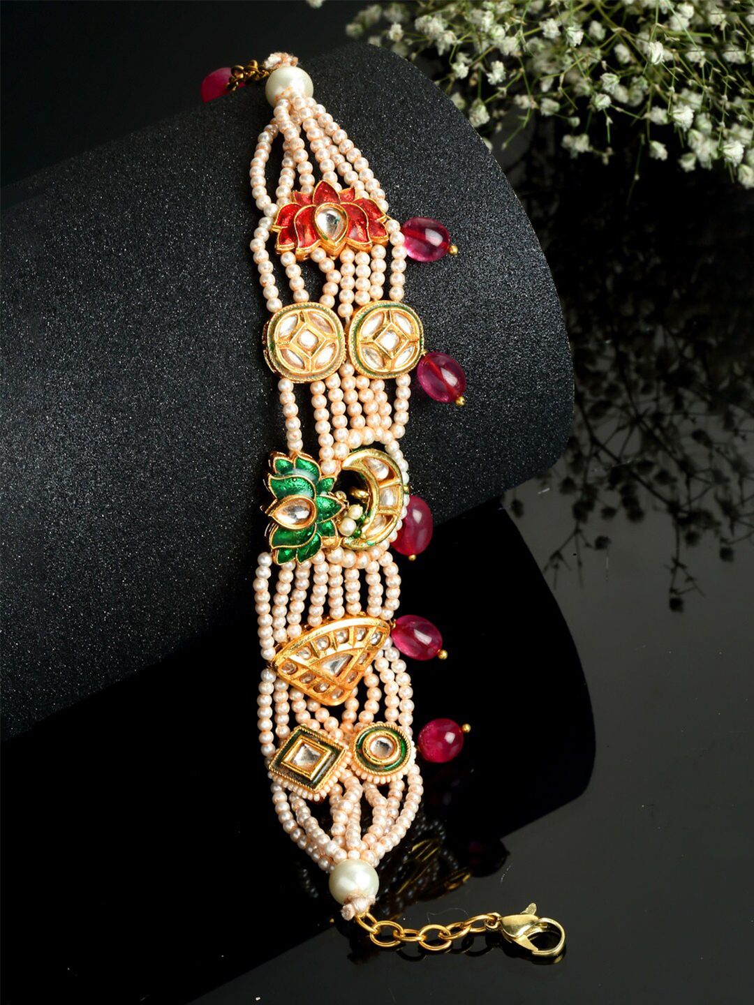 DUGRISTYLE Women Green Sterling Silver Kundan Handcrafted Gold-Plated Multistrand Bracelet Price in India