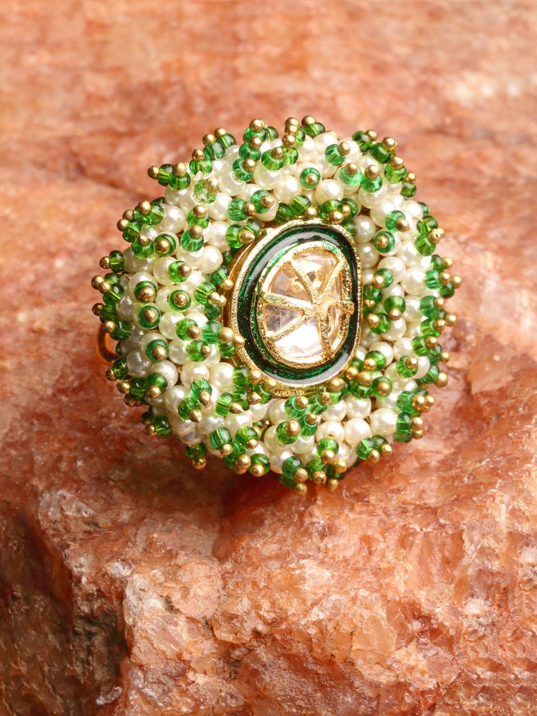 DUGRISTYLE Gold-Plated White & Green Kundan-Studded & Pearl Beaded Adjustable Finger Ring Price in India