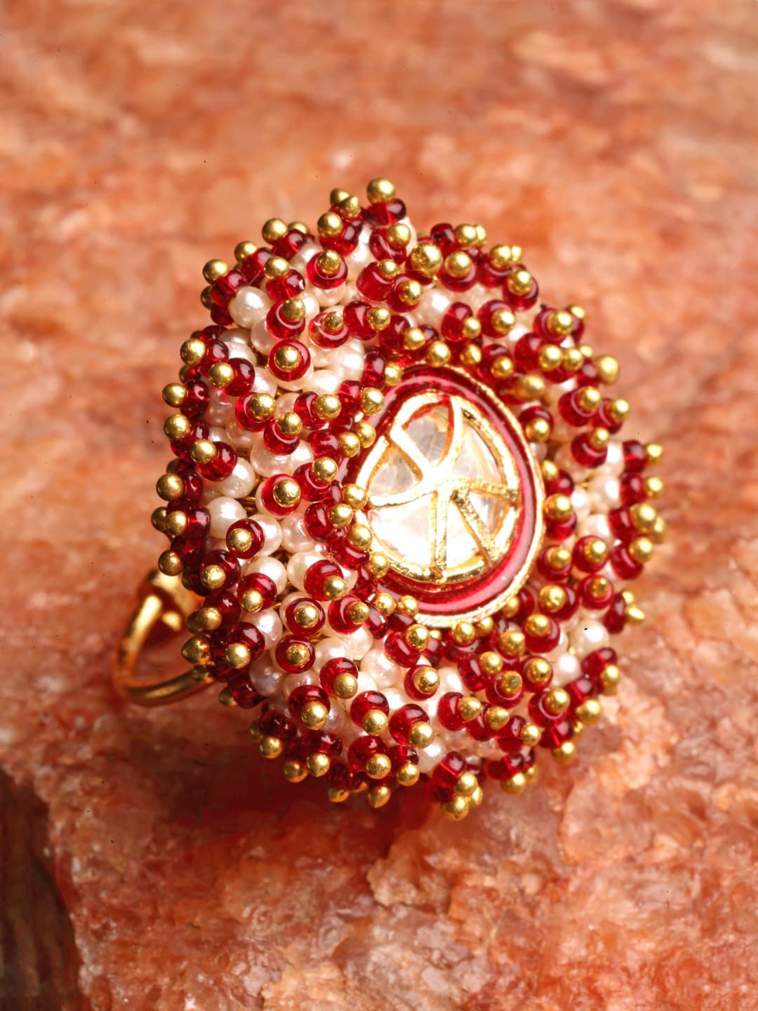DUGRISTYLE Gold-Plated Red & White  Stone-Studded & Beaded Finger Ring Price in India