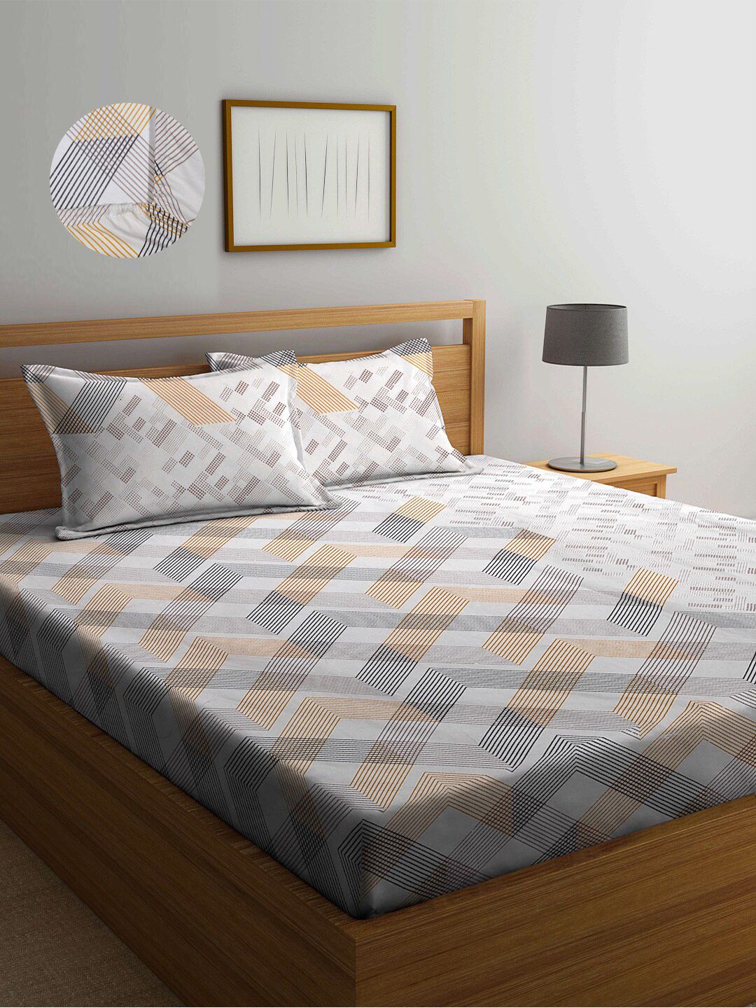 Arrabi Grey & Mustard Geometric 300 TC King Bedsheet with 2 Pillow Covers Price in India