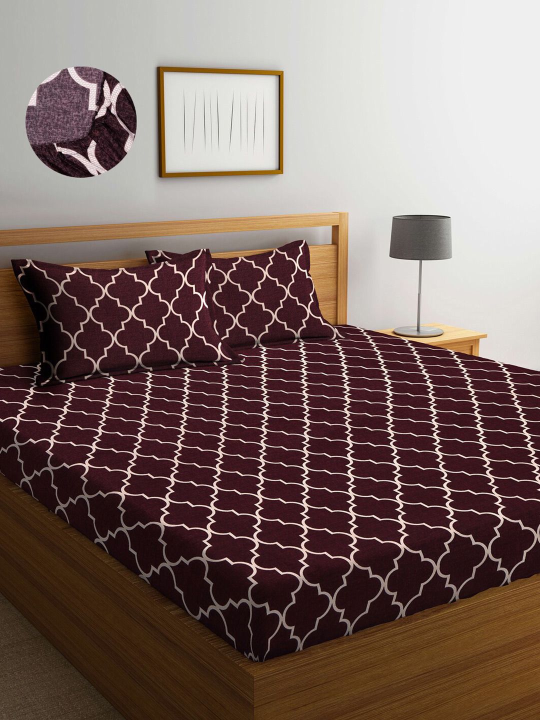 Arrabi Brown & White Ethnic Motifs 300 TC King Bedsheet with 2 Pillow Covers Price in India