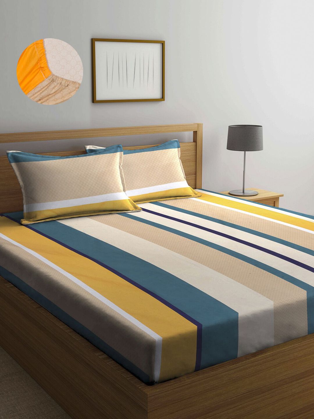 Arrabi Yellow & White Striped 300 TC King Bedsheet with 2 Pillow Covers Price in India