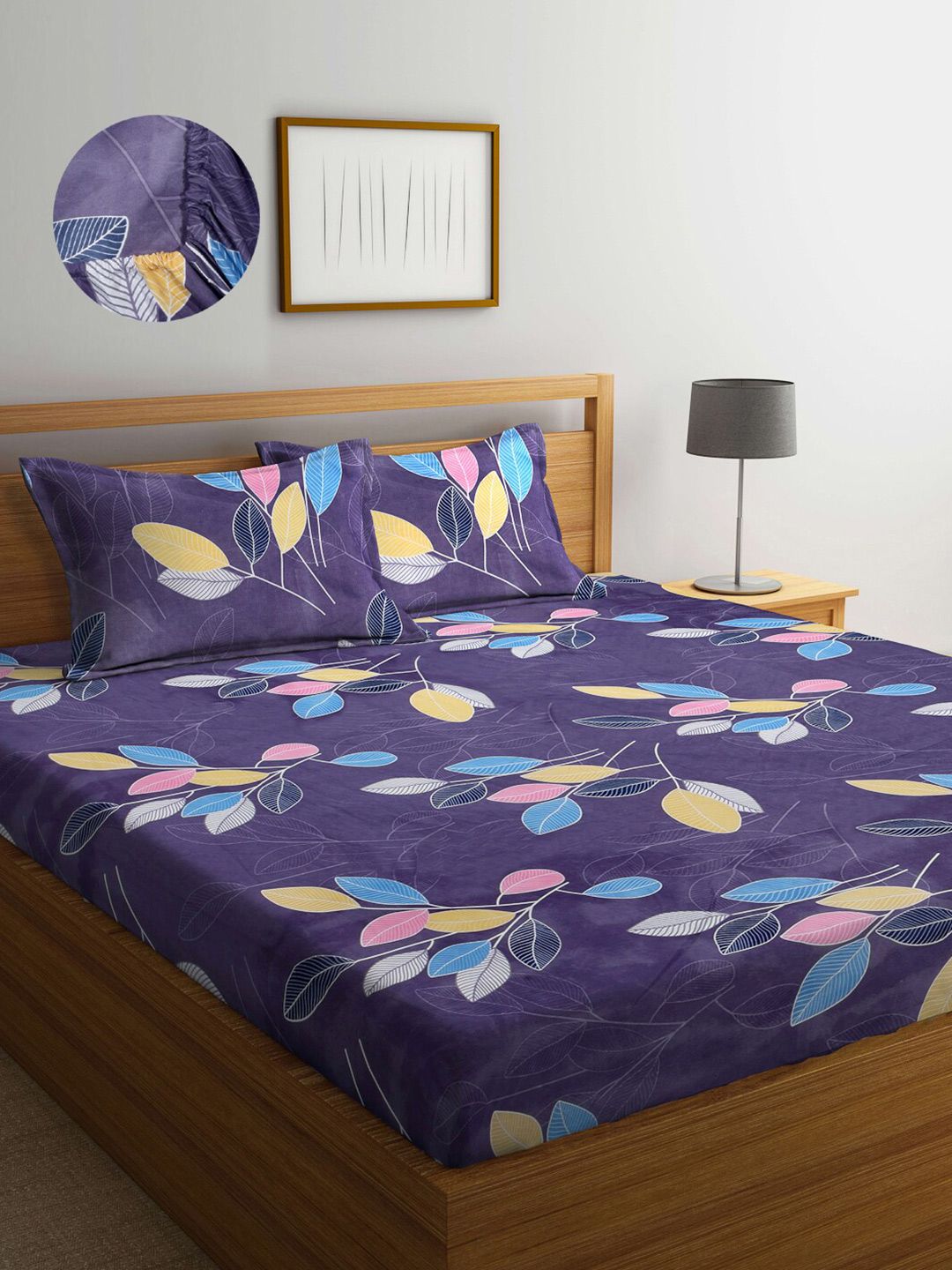 Arrabi Grey & Blue Floral 300 TC King Bedsheet with 2 Pillow Covers Price in India