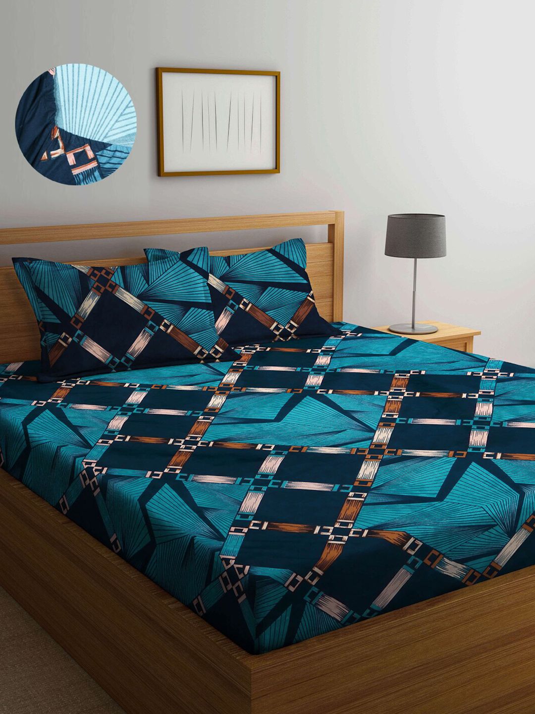 Arrabi Blue & Brown Geometric 300 TC King Bedsheet with 2 Pillow Covers Price in India