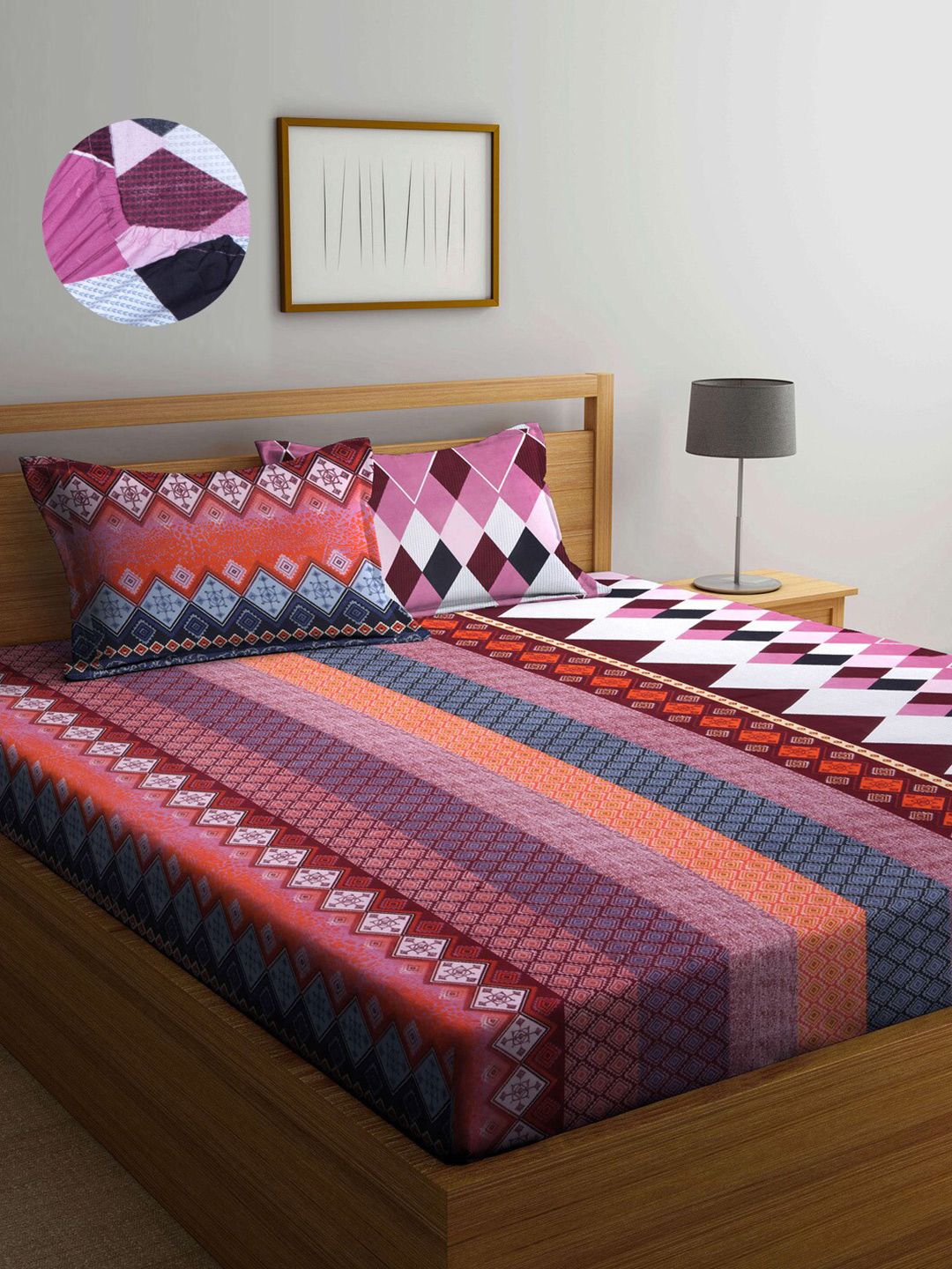 Arrabi Multicoloured & Pink Ethnic Motifs 300 TC King Bedsheet with 2 Pillow Covers Price in India