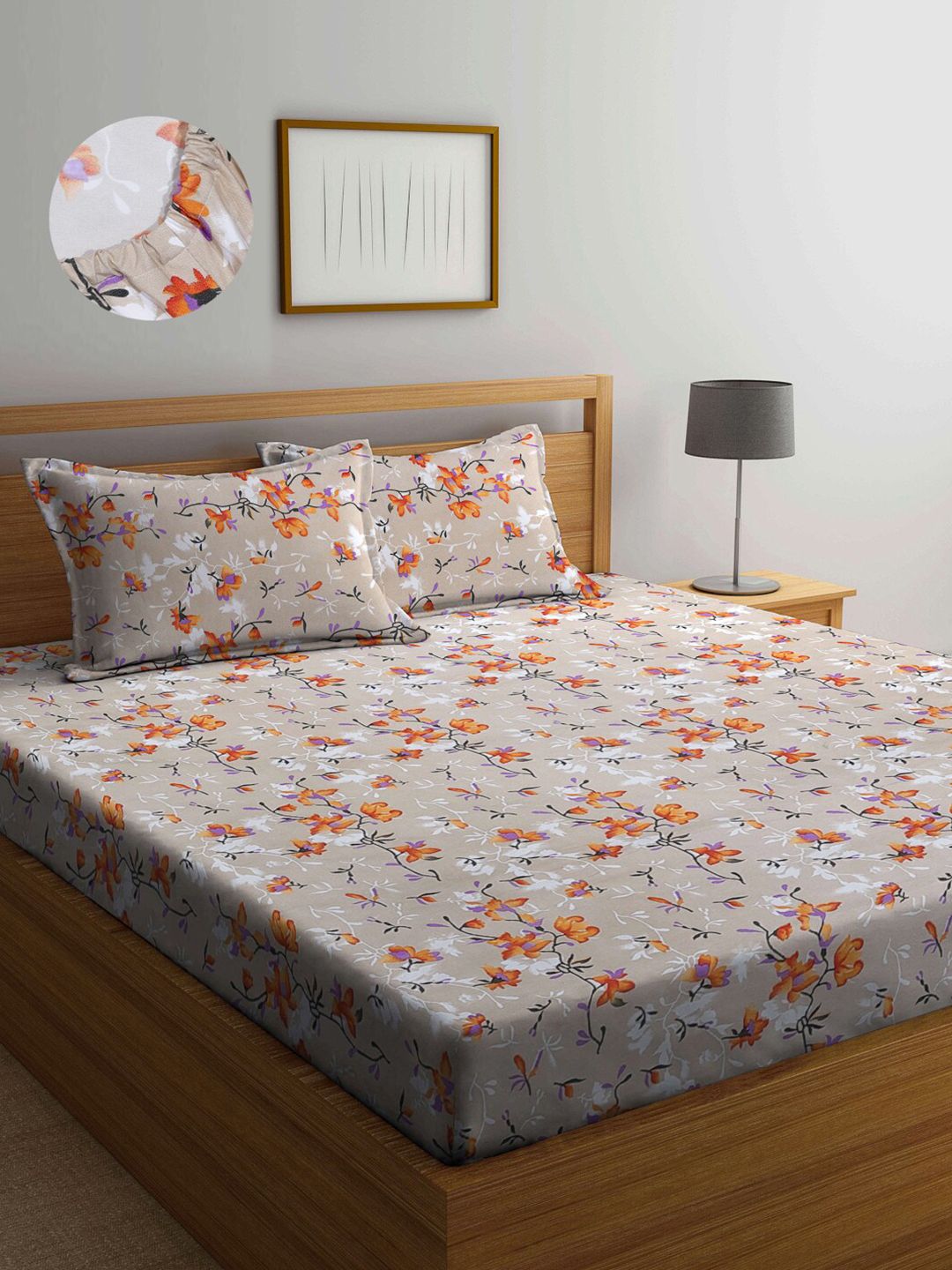Arrabi Beige Floral 300 TC King Bedsheet with 2 Pillow Covers Price in India