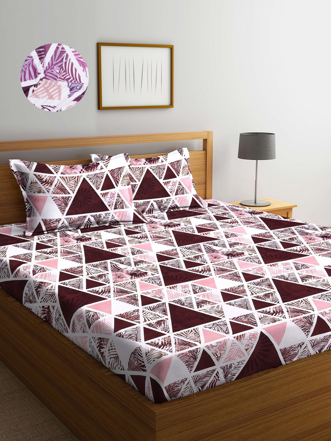 Arrabi Brown & White Geometric 300 TC King Bedsheet with 2 Pillow Covers Price in India