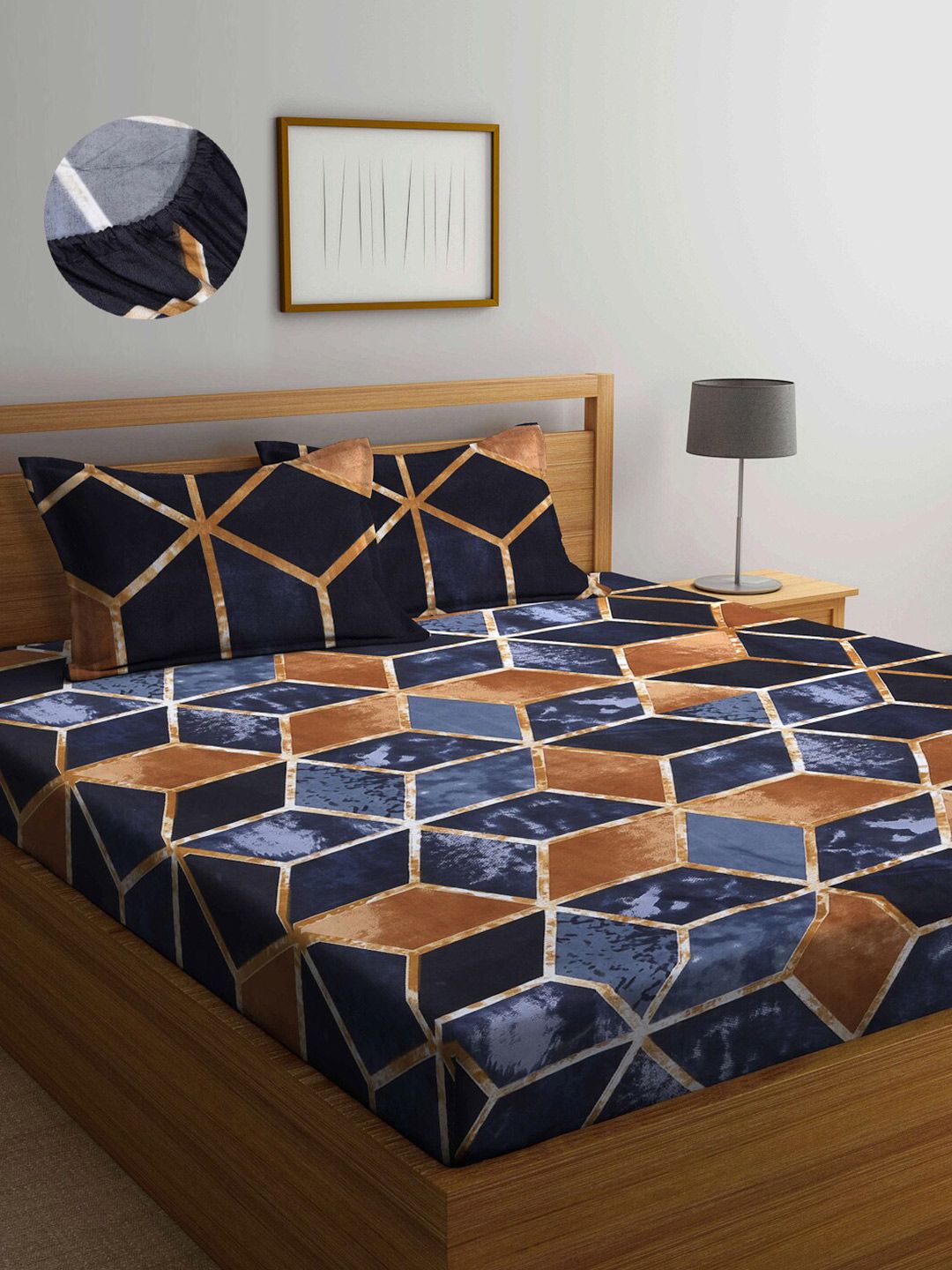 Arrabi Brown & Navy Blue Geometric 300 TC King Bedsheet with 2 Pillow Covers Price in India