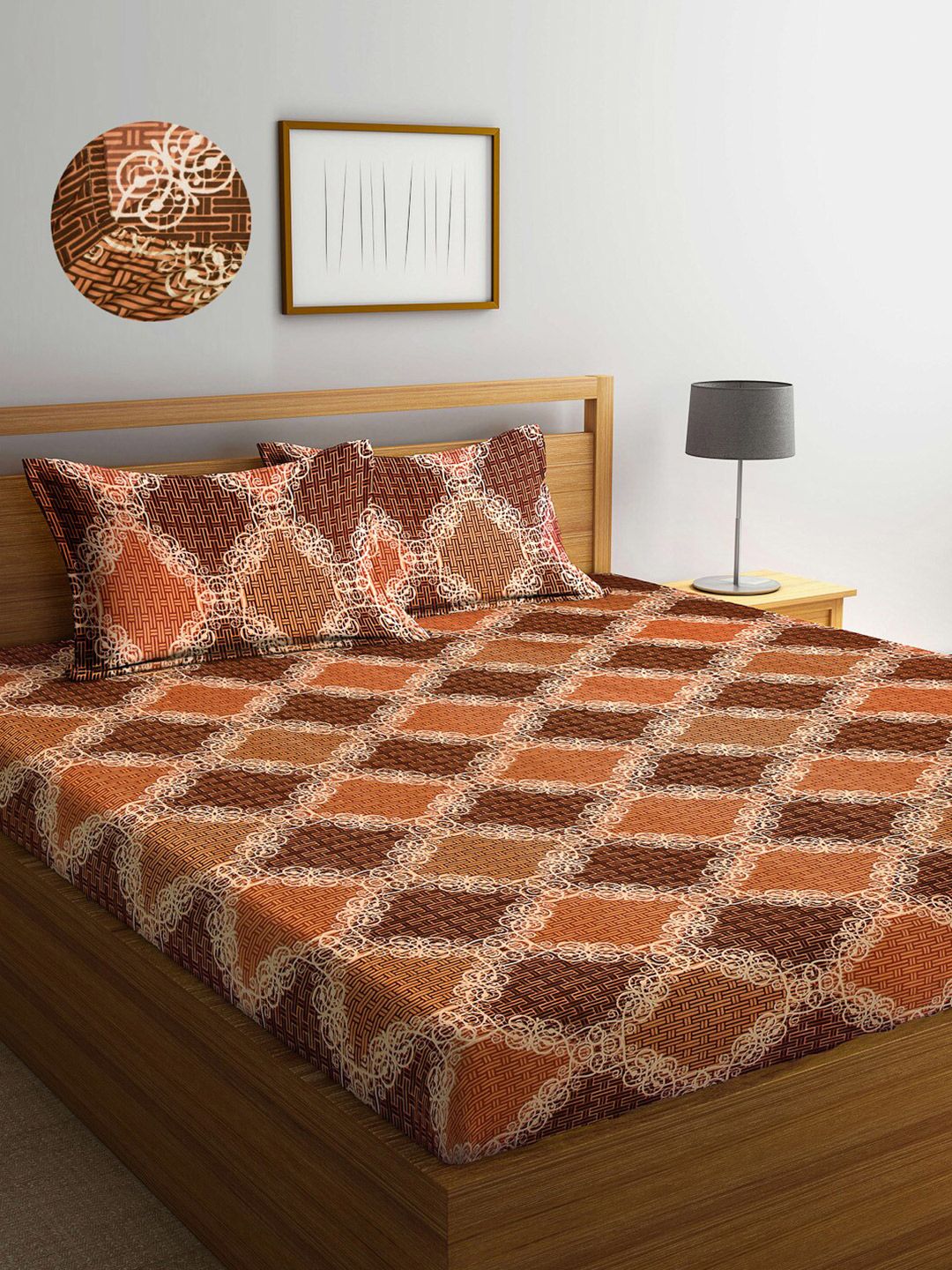 Arrabi Brown Ethnic Motifs 300 TC King Bedsheet with 2 Pillow Covers Price in India