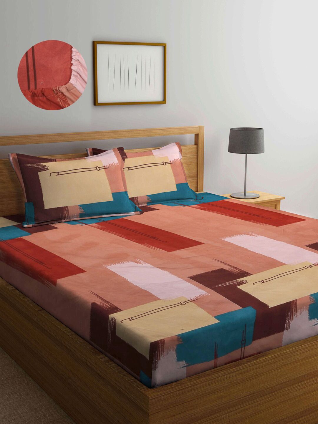 Arrabi Multicoloured Geometric 300 TC King Bedsheet with 2 Pillow Covers Price in India