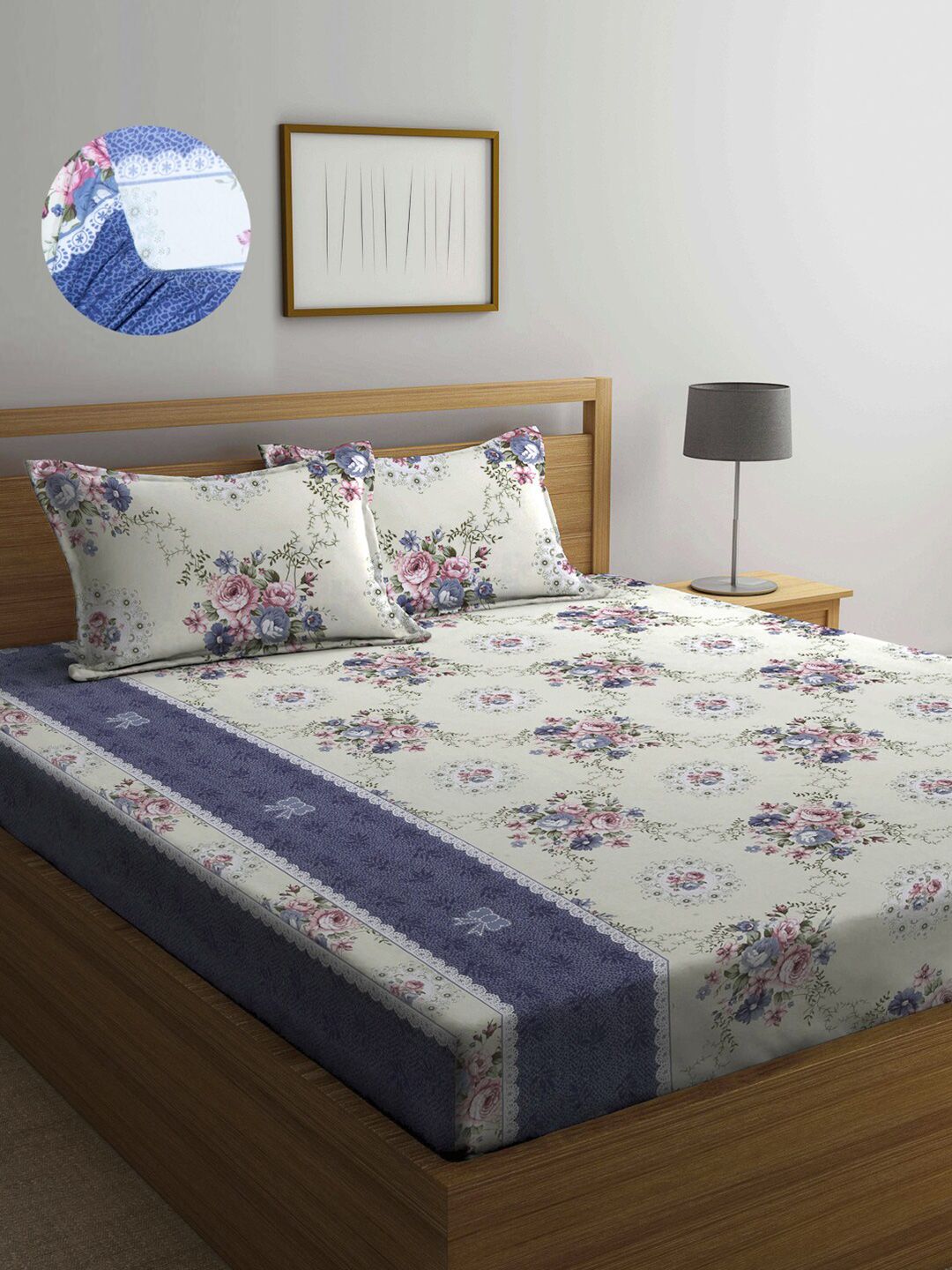 Arrabi White & Blue Floral 300 TC King Bedsheet with 2 Pillow Covers Price in India