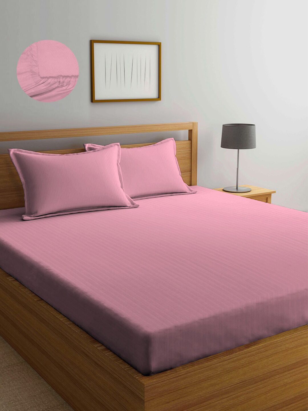 Arrabi Pink Striped 300 TC King Bedsheet with 2 Pillow Covers Price in India