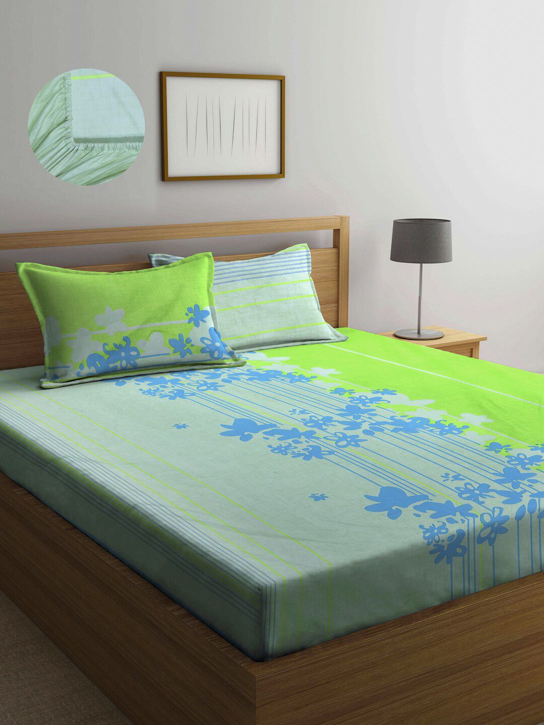 Arrabi Green & Blue Floral 300 TC King Bedsheet with 2 Pillow Covers Price in India