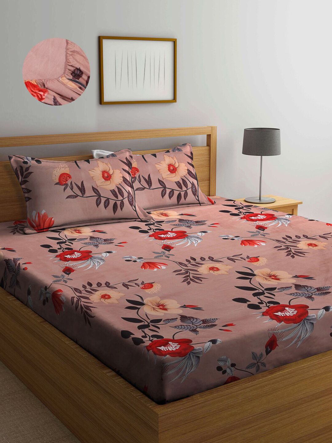 Arrabi Brown & Peach-Coloured Floral 300 TC King Bedsheet with 2 Pillow Covers Price in India