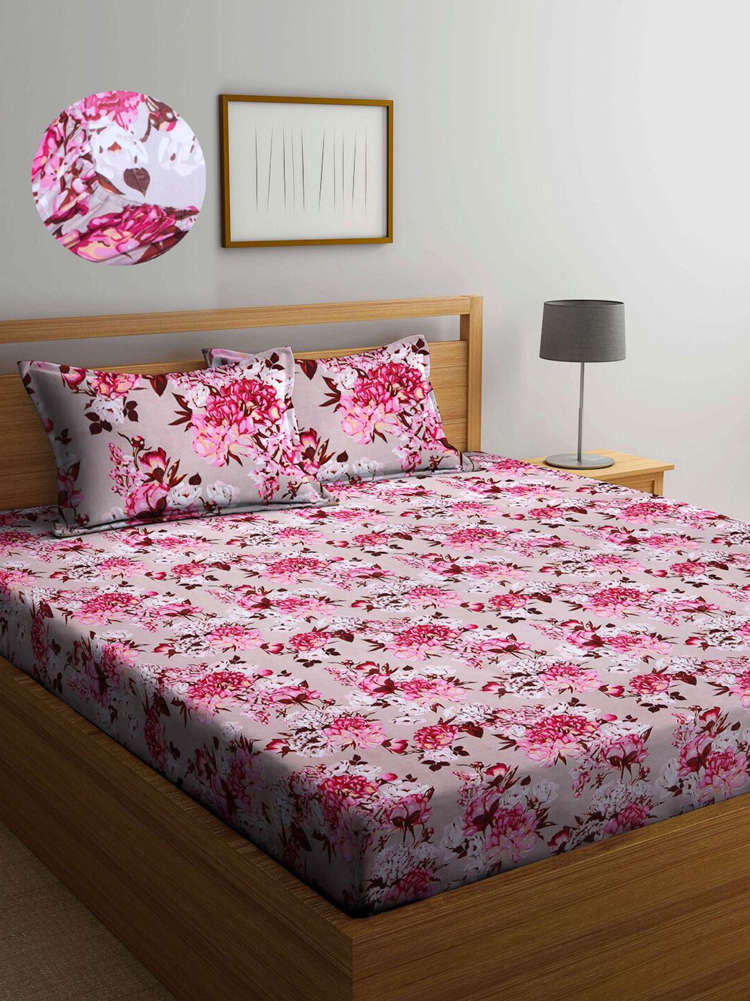 Arrabi Pink & White Floral 300 TC King Bedsheet with 2 Pillow Covers Price in India