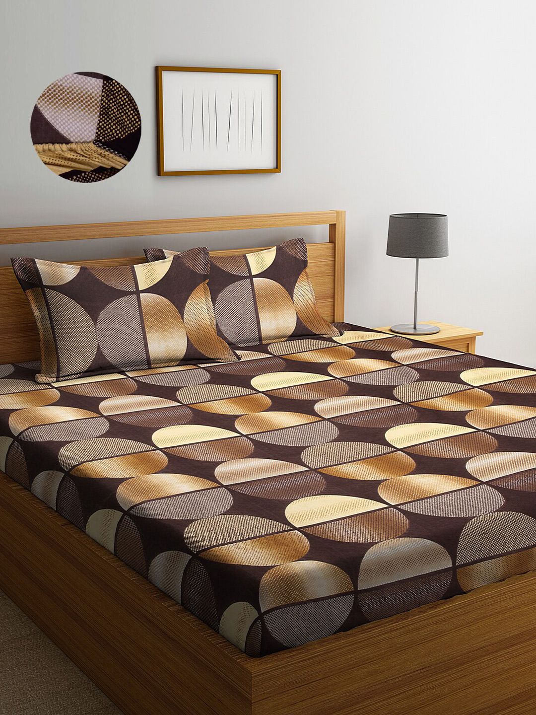 Arrabi Brown & Cream-Coloured Geometric 300 TC King Bedsheet with 2 Pillow Covers Price in India