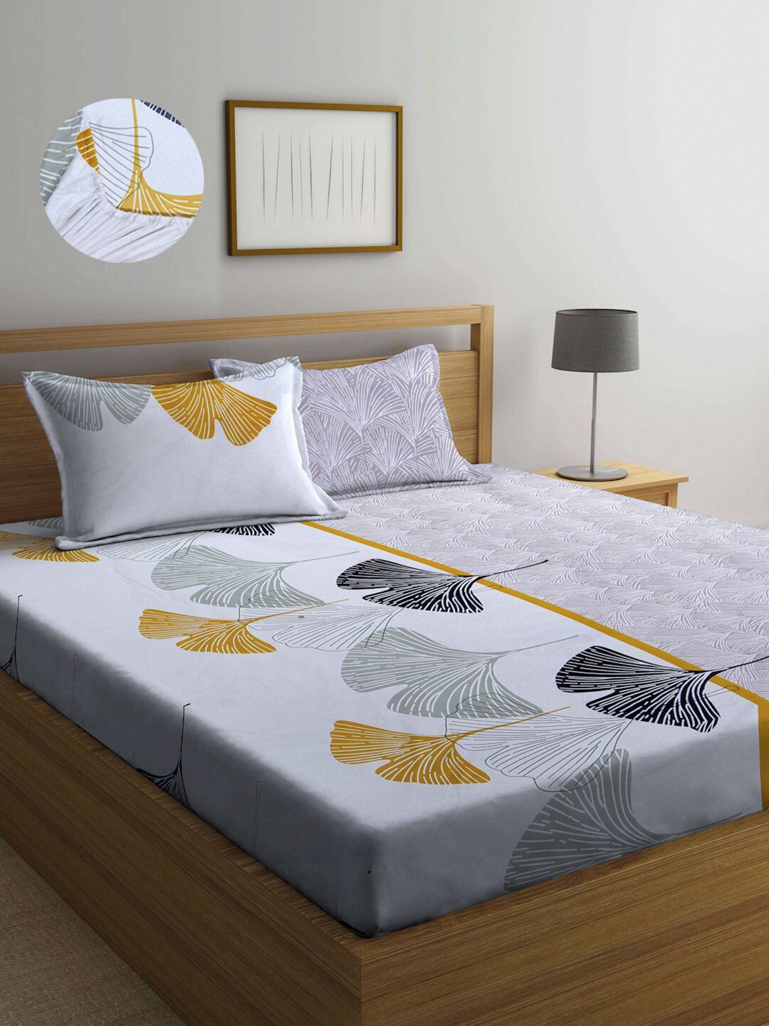Arrabi Grey & Yellow Floral 300 TC King Bedsheet with 2 Pillow Covers Price in India