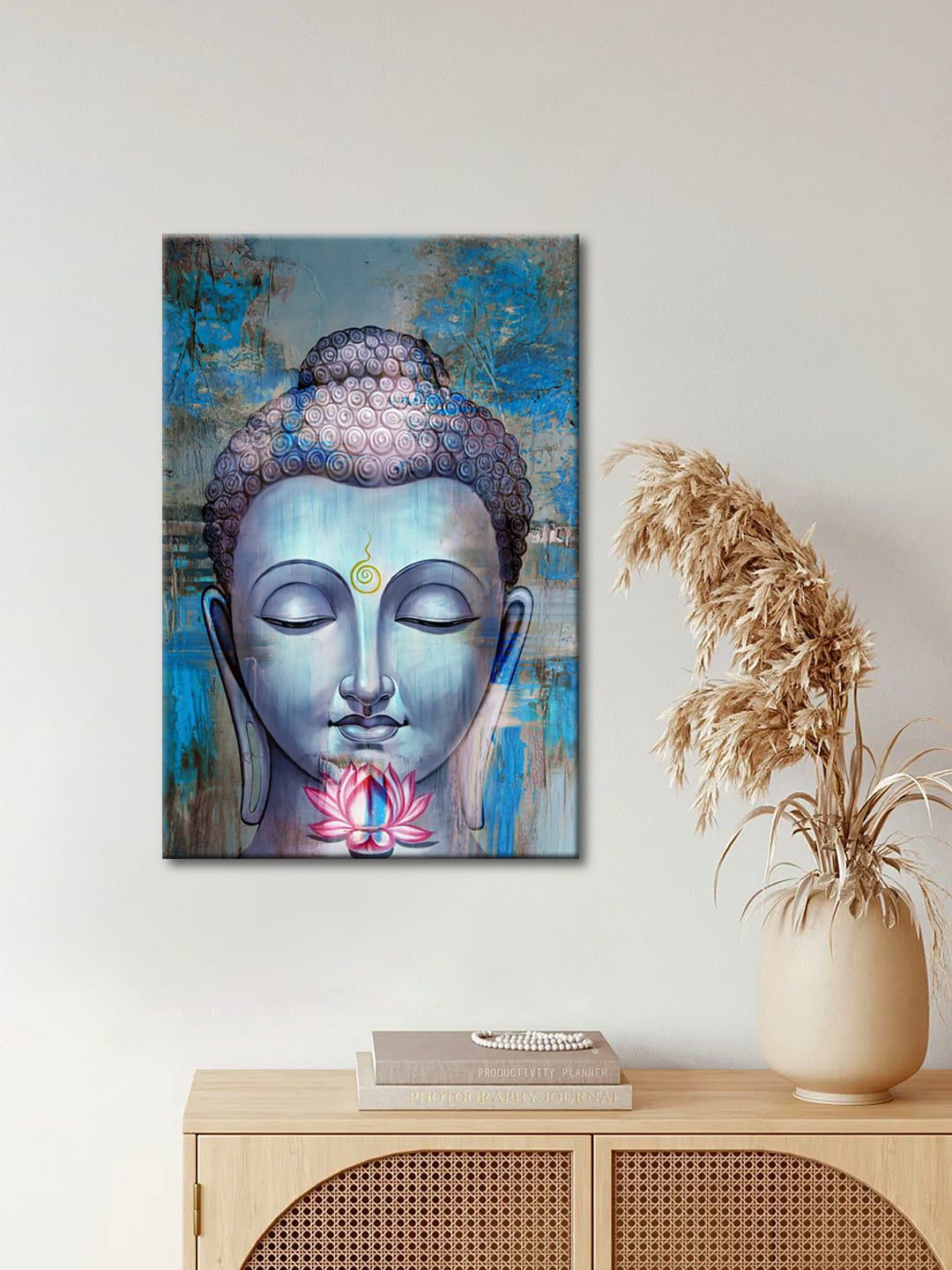 999Store Blue & Pink Lord Buddha Face Canvas Painted Wall Art Price in India