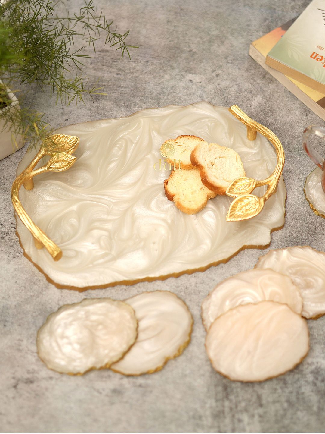 DULI Cream-Colored & Gold-Toned Resin Serving Tray Platter with 6 Pcs Oval Coasters Price in India
